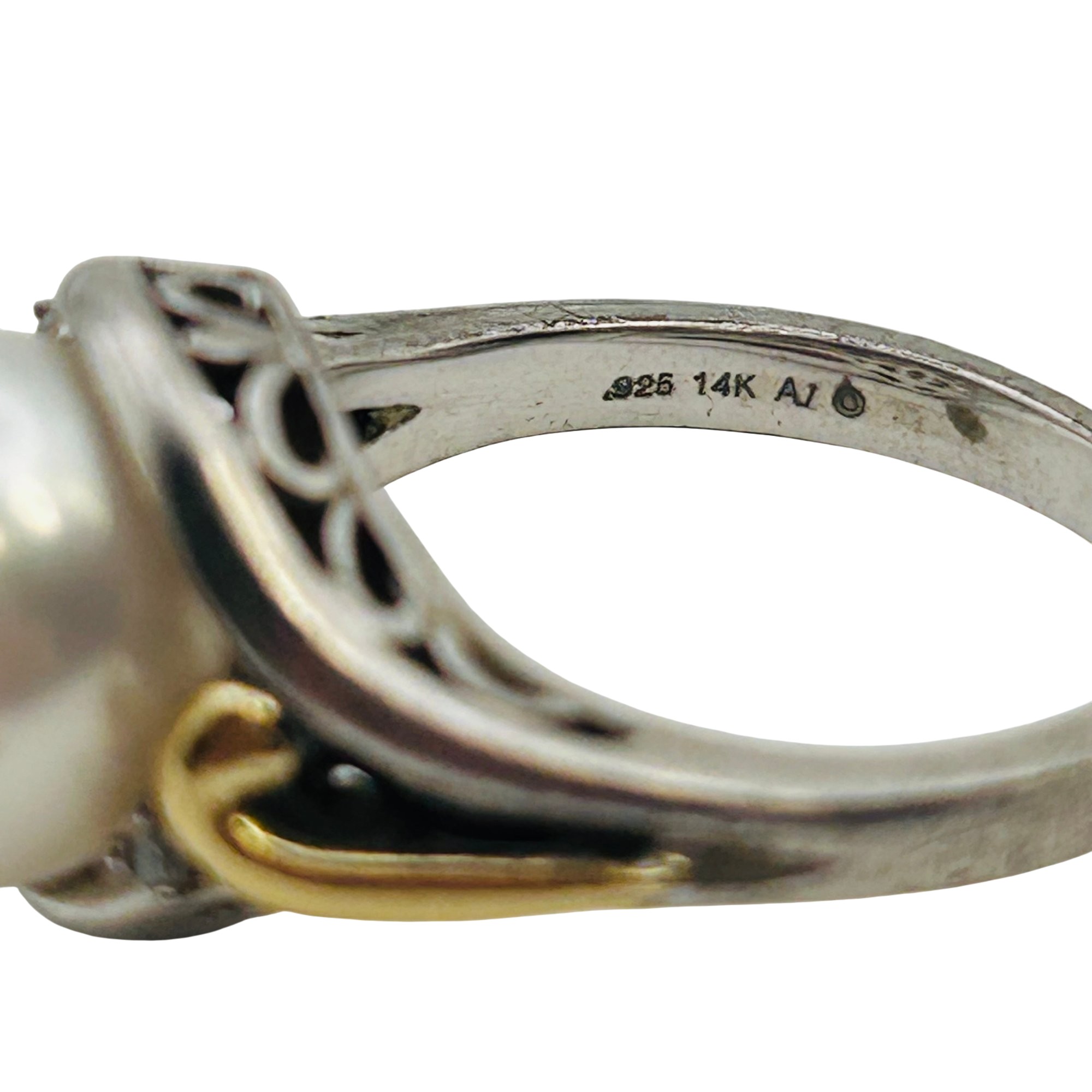 Signed Sterling And 14k Pearl Ring Sz 7