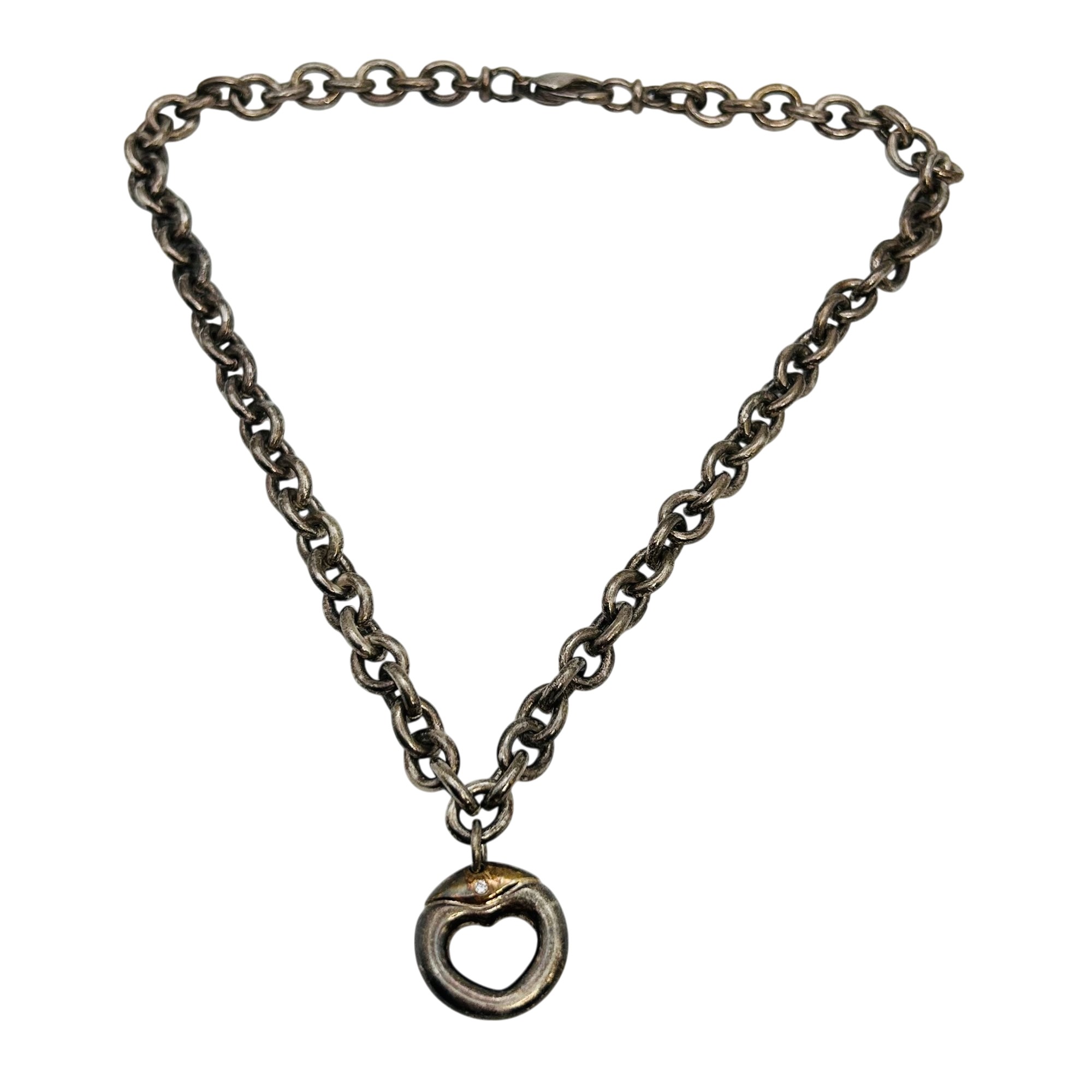 Sterling Diamond Heart Pendant Cable Chain Necklace