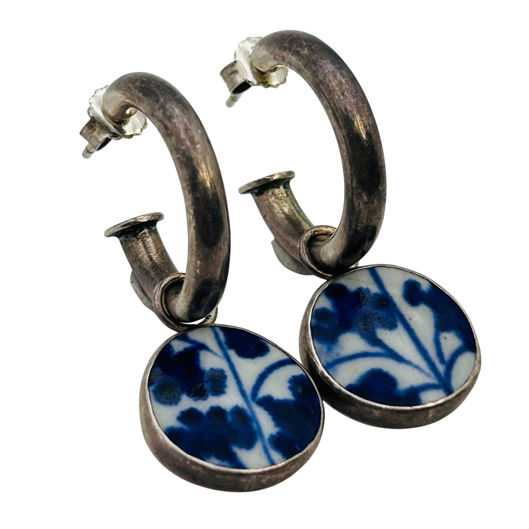 Vintage Sterling Hoop Ceramic Disk Earrings