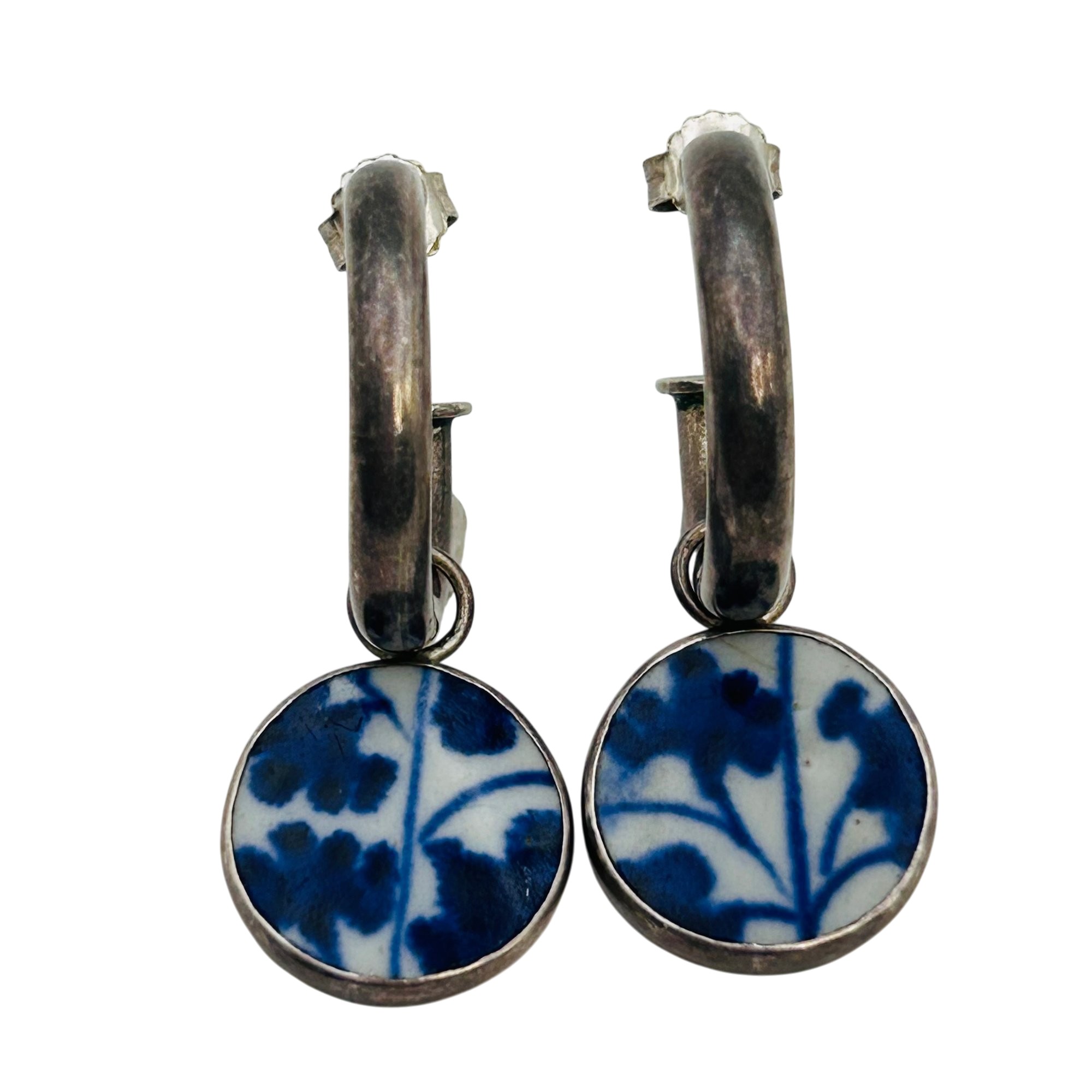 Vintage Sterling Hoop Ceramic Disk Earrings