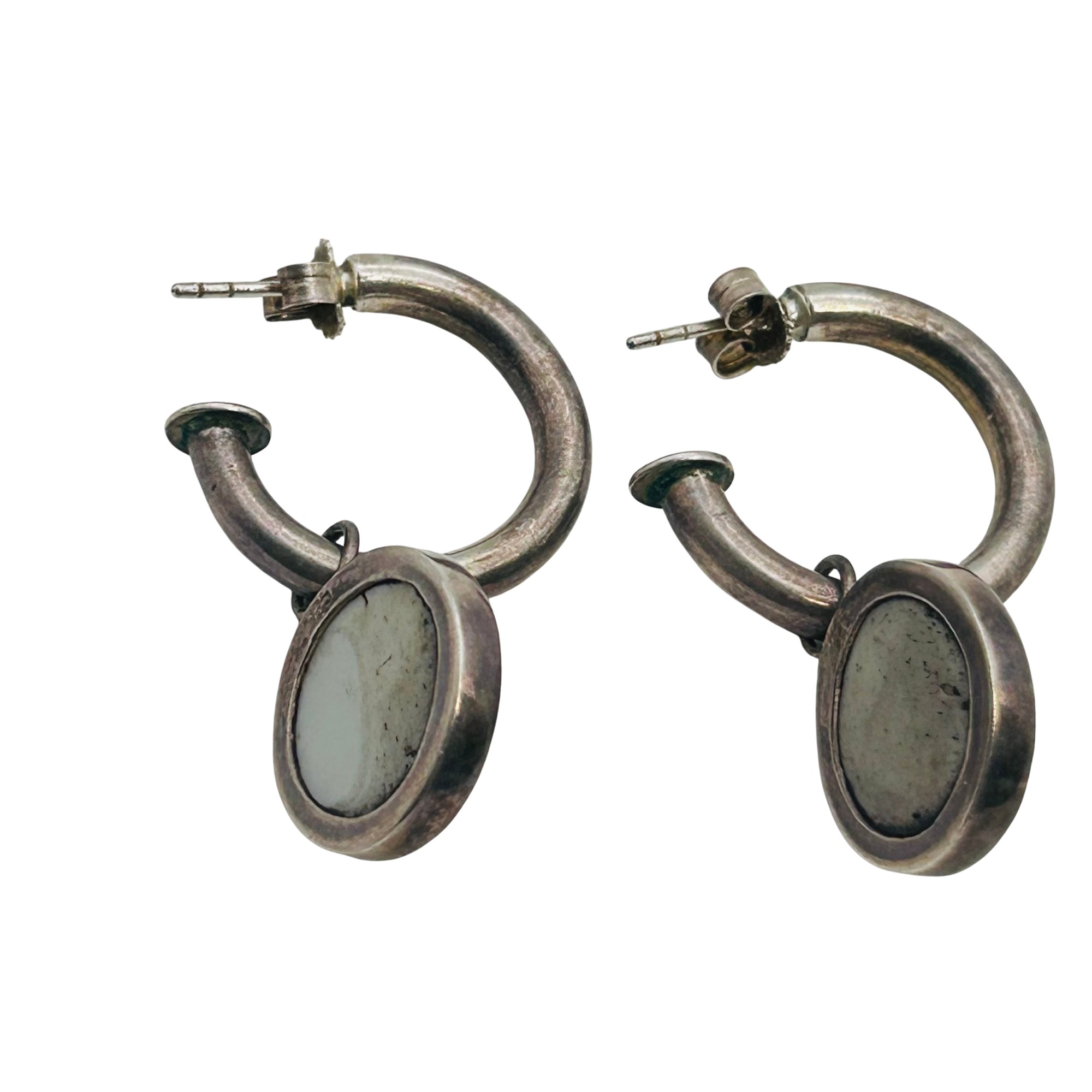 Vintage Sterling Hoop Ceramic Disk Earrings