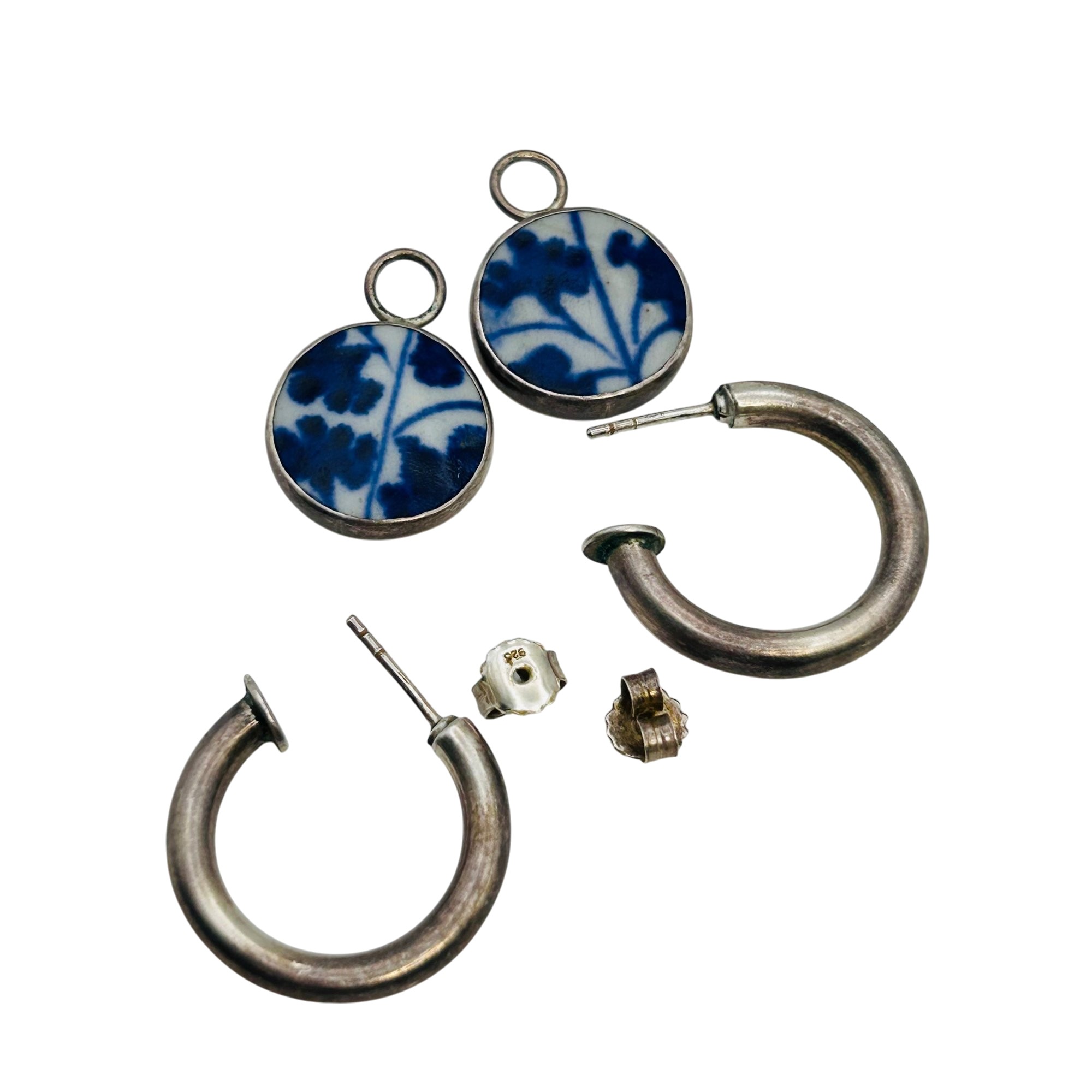 Vintage Sterling Hoop Ceramic Disk Earrings