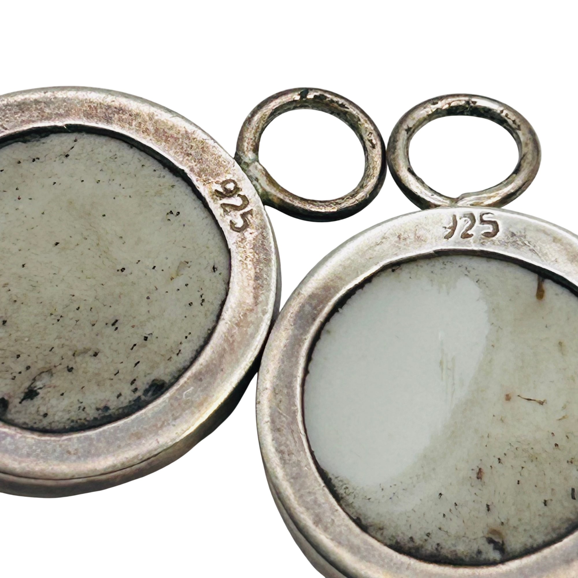 Vintage Sterling Hoop Ceramic Disk Earrings