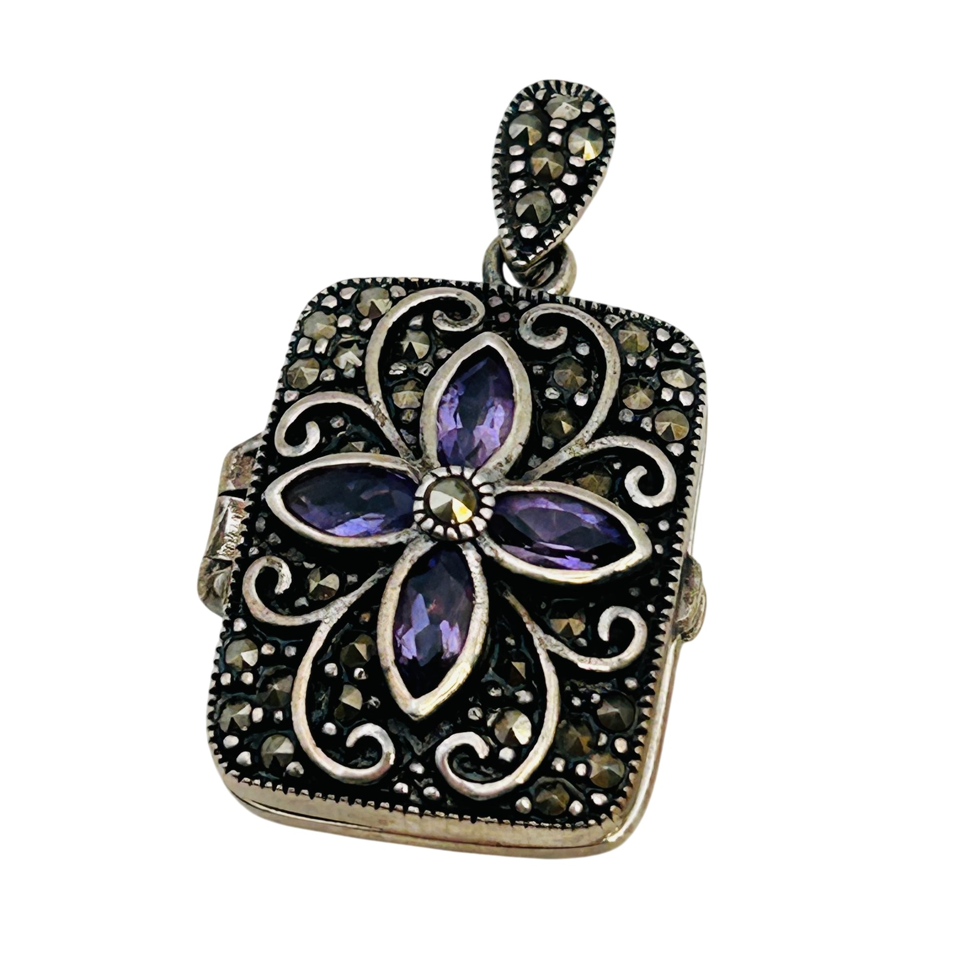 Signed Sterling Amethyst Locket Pendant