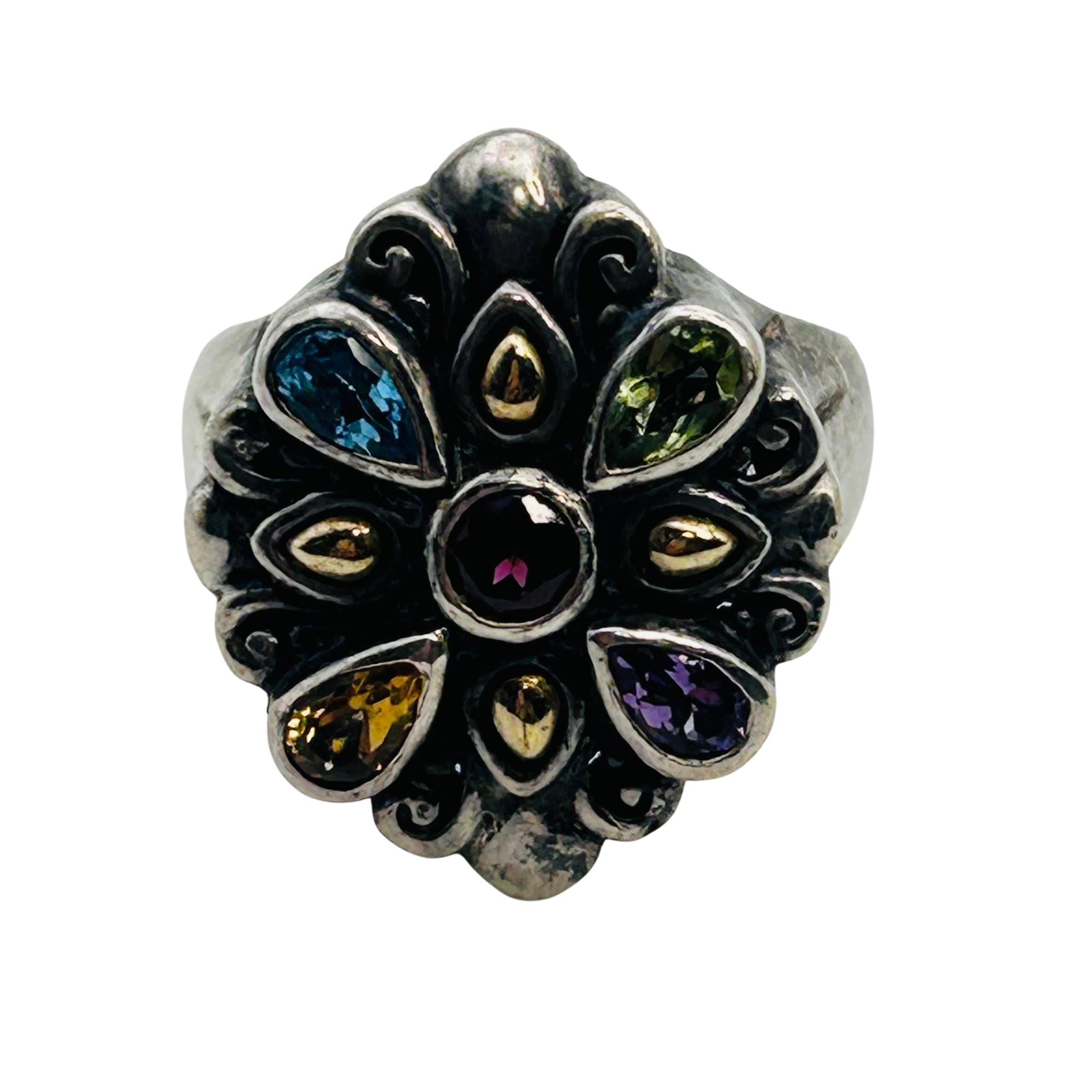 Signed Sterling And 18k Multi-gem Ring Sz 7