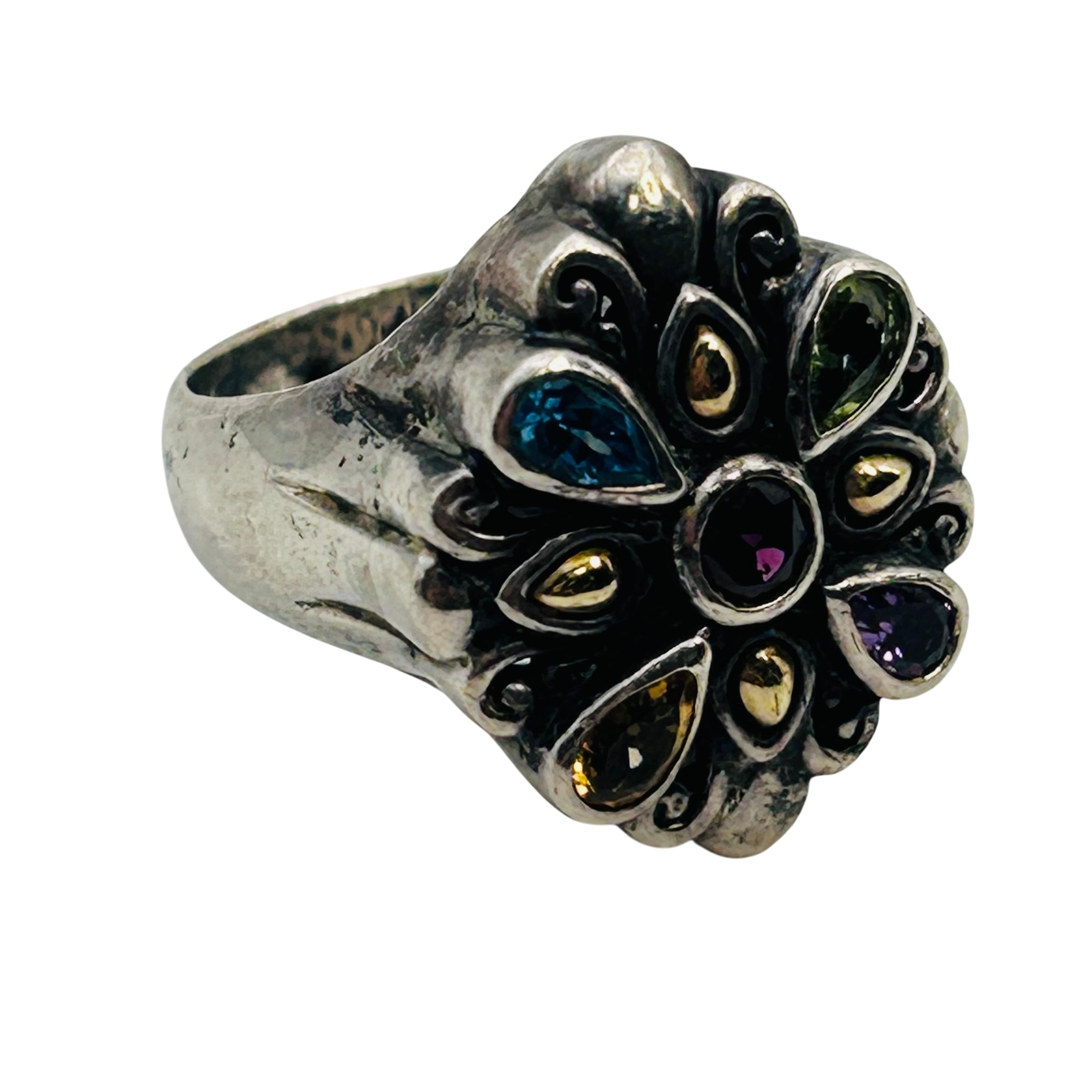Signed Sterling And 18k Multi-gem Ring Sz 7