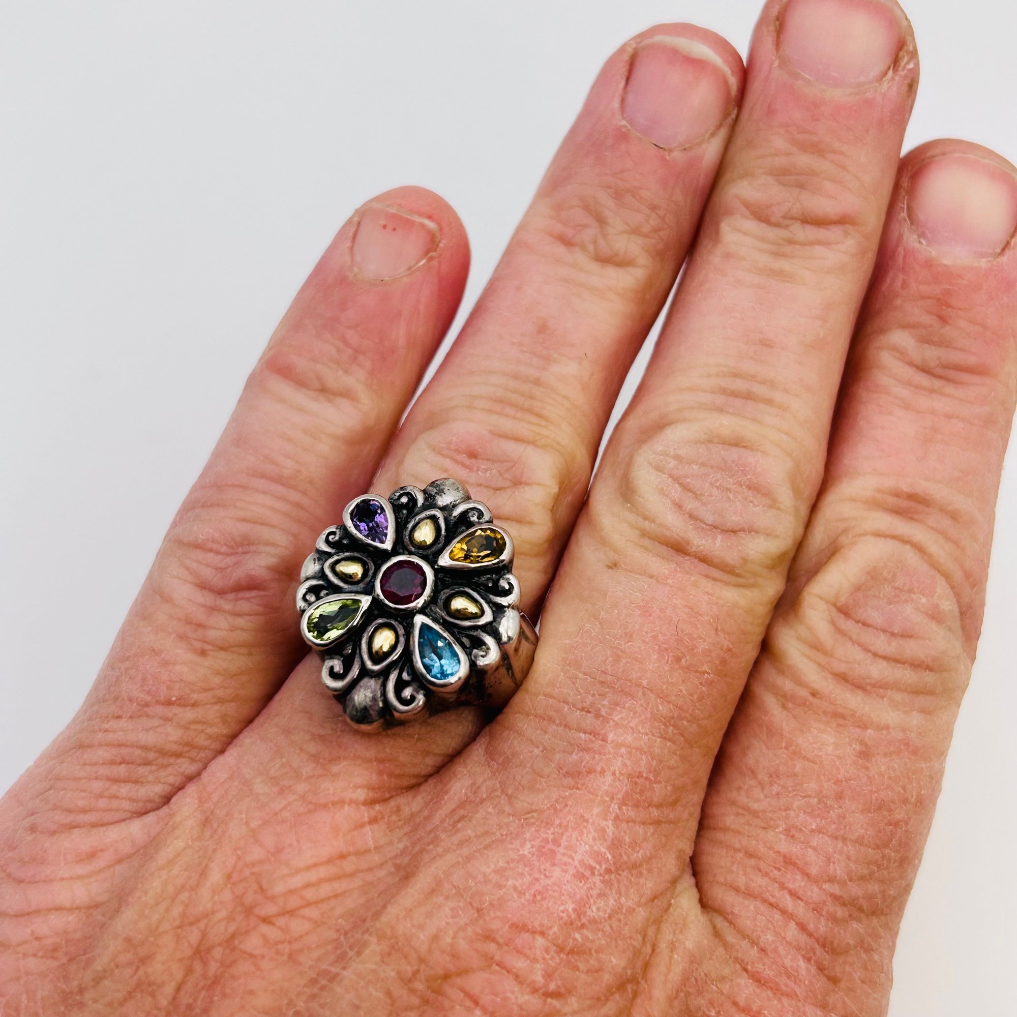 Signed Sterling And 18k Multi-gem Ring Sz 7