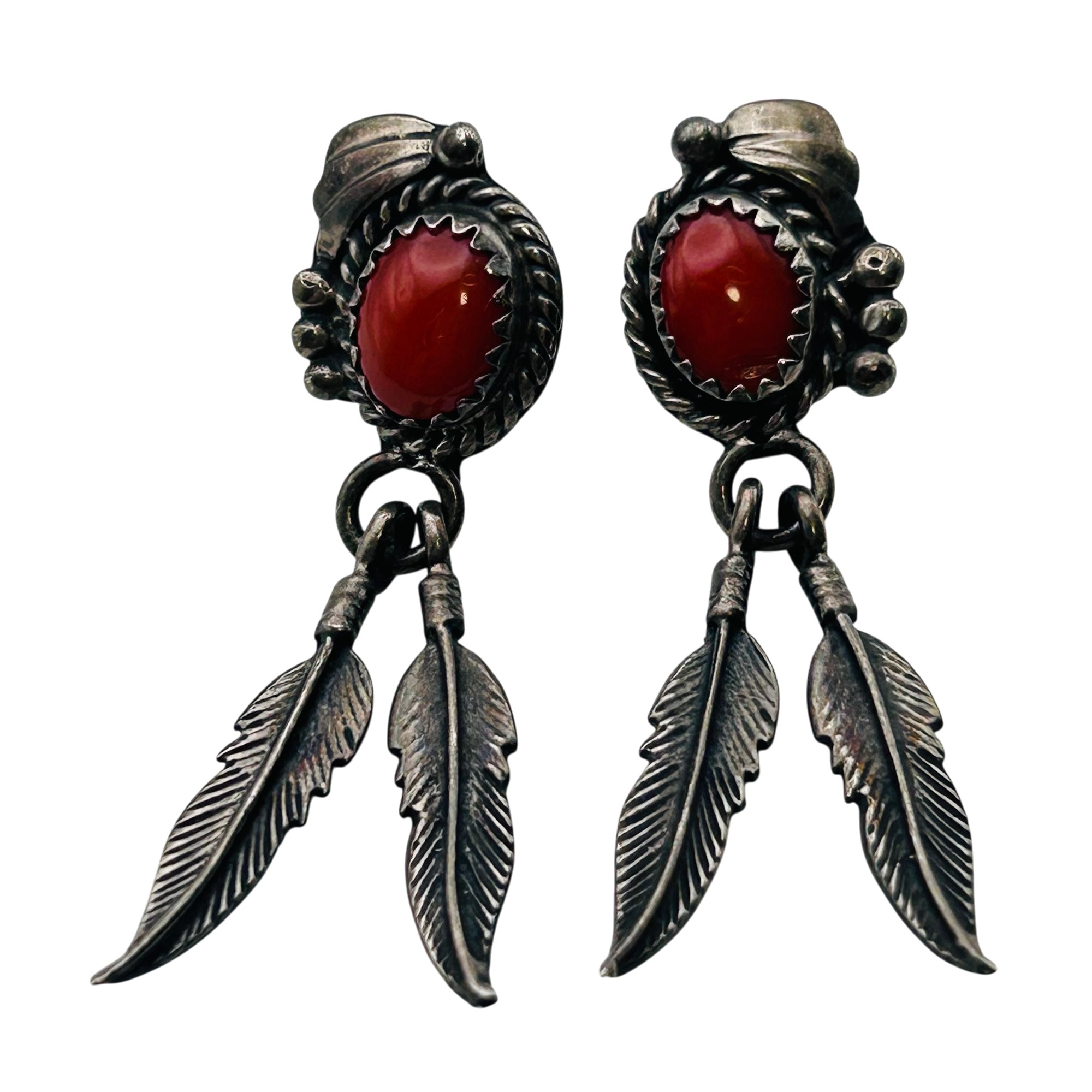 Southwest Sterling Coral Feather Earrings