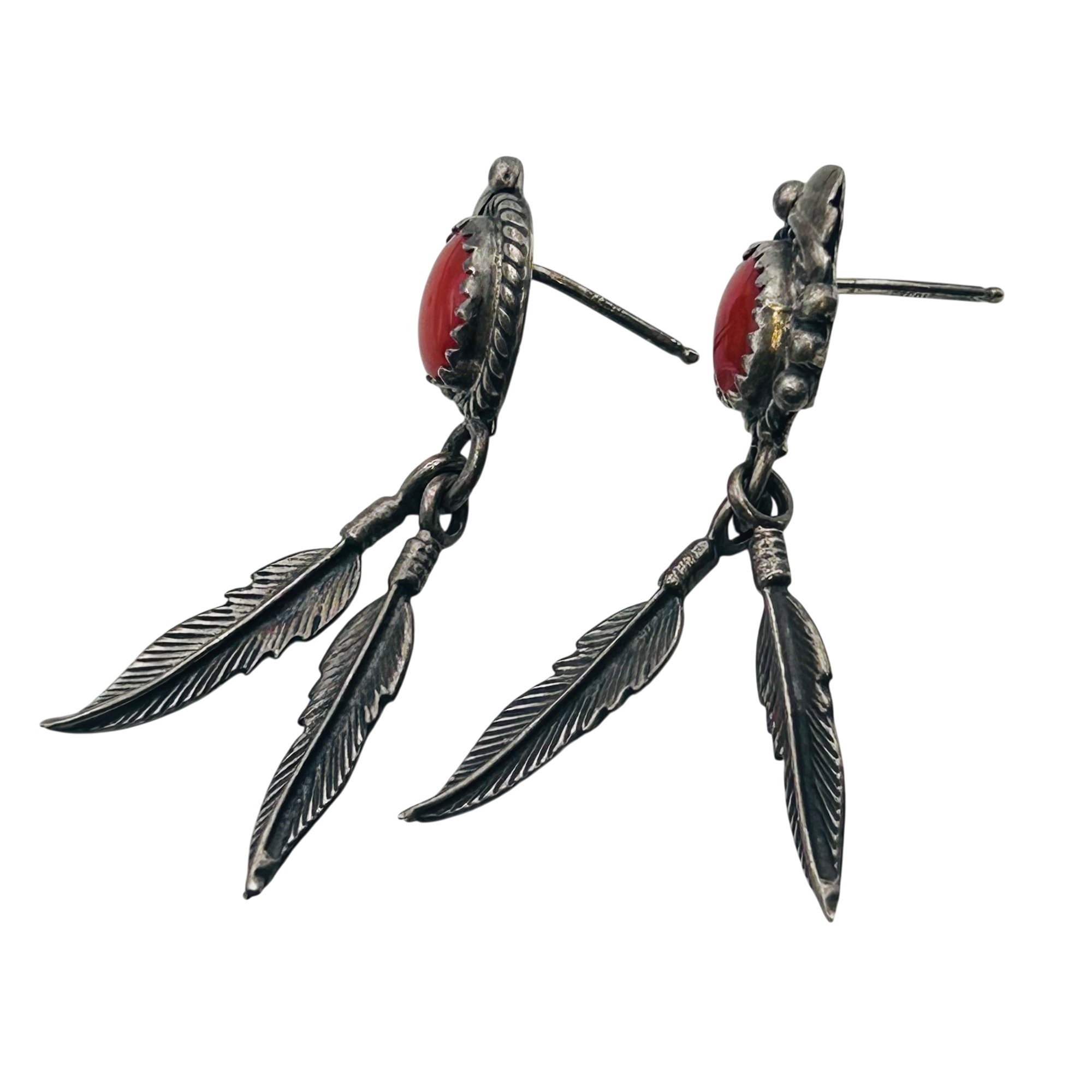 Southwest Sterling Coral Feather Earrings