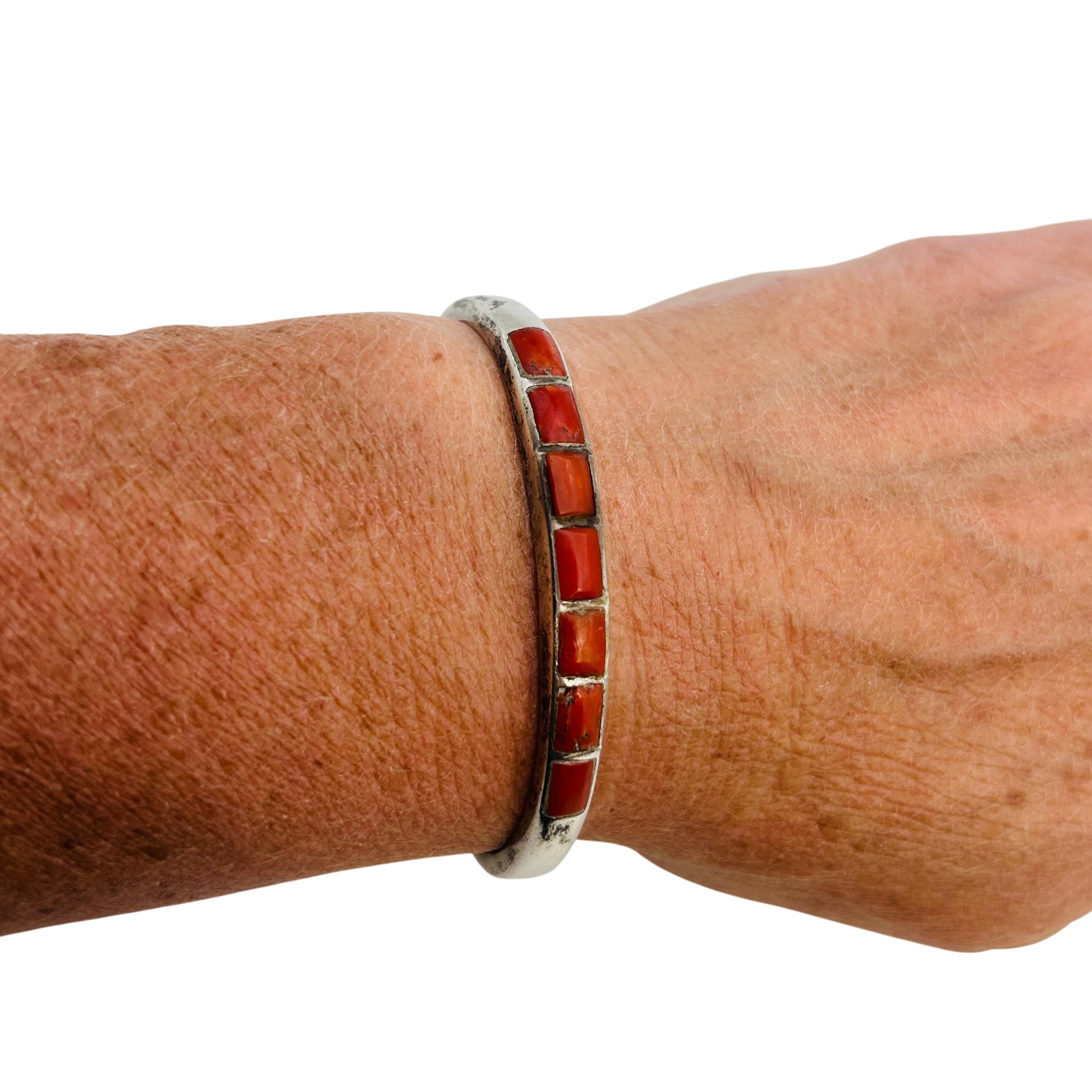 Native Sterling Inlay Coral Cuff Bracelet