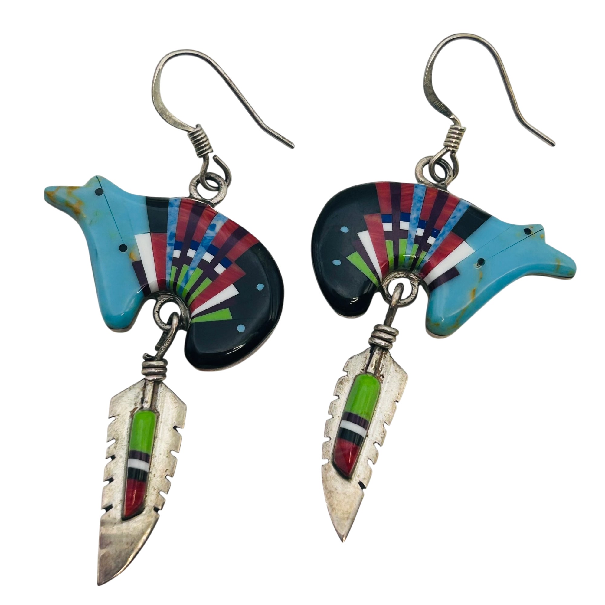 Southwest Sterling Inlay Mosaic Feather Bear Earrings