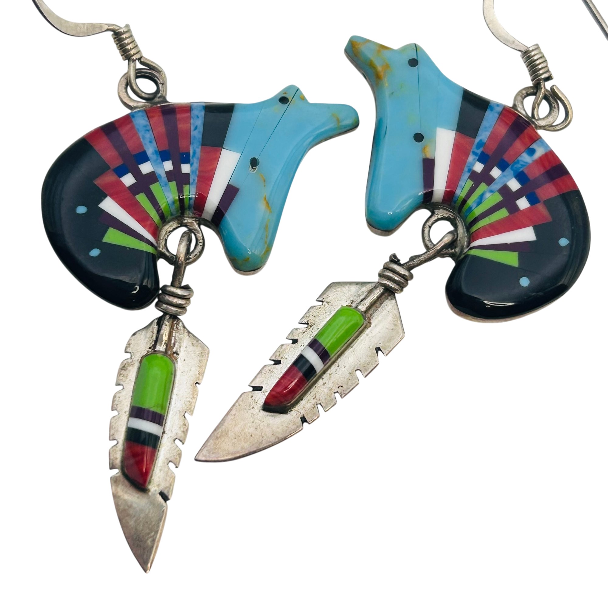 Southwest Sterling Inlay Mosaic Feather Bear Earrings