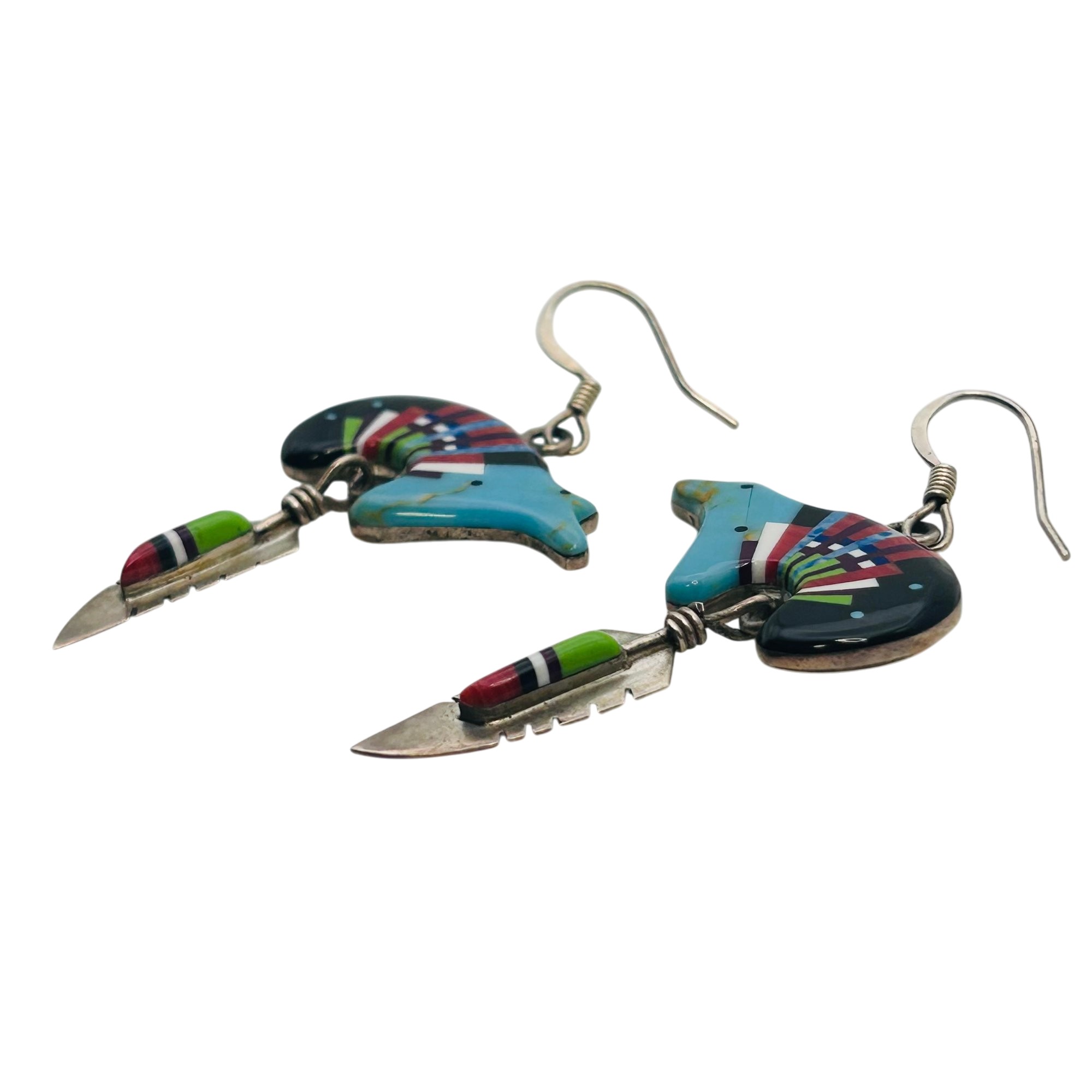Southwest Sterling Inlay Mosaic Feather Bear Earrings
