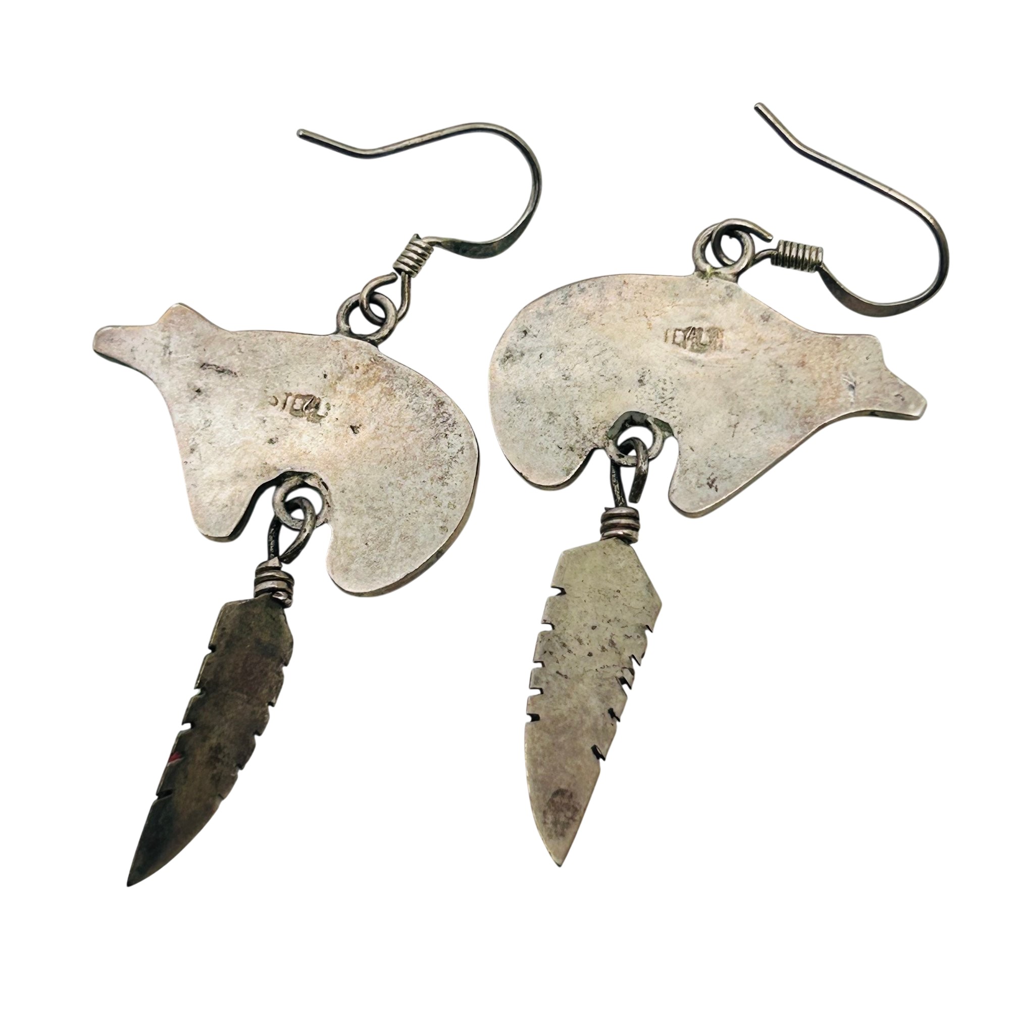 Southwest Sterling Inlay Mosaic Feather Bear Earrings