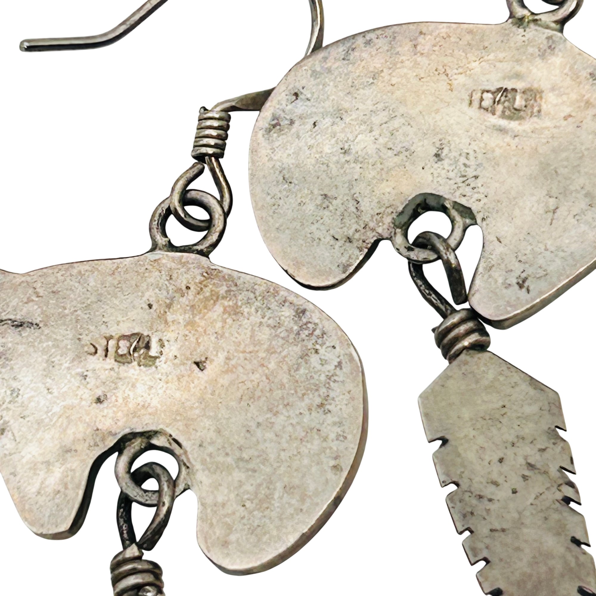 Southwest Sterling Inlay Mosaic Feather Bear Earrings