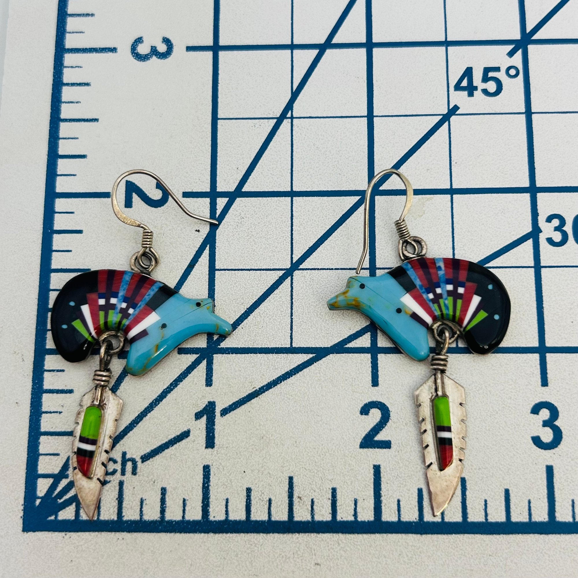 Southwest Sterling Inlay Mosaic Feather Bear Earrings