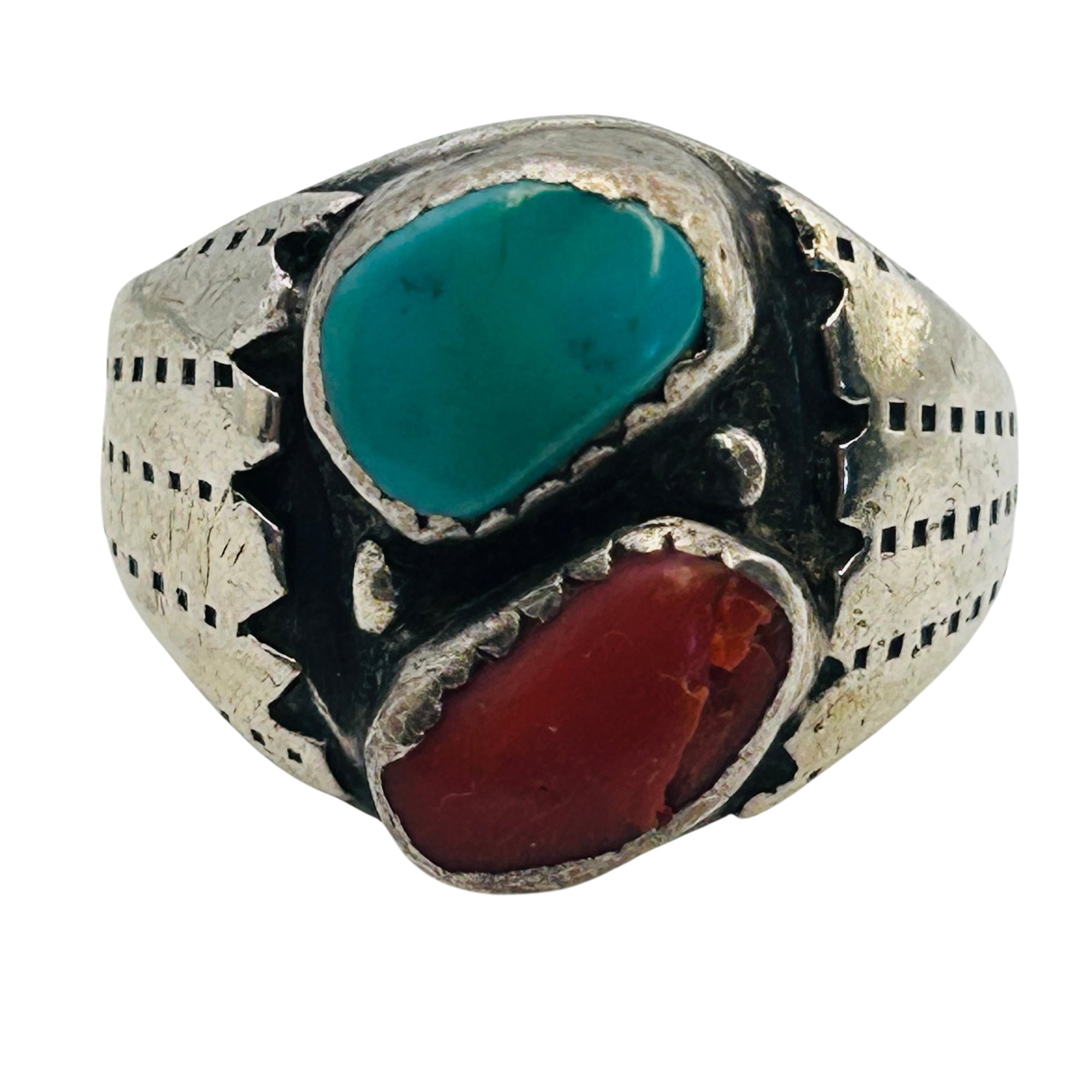 Signed Navajo Sterling Turquoise Coral Ring Sz 8