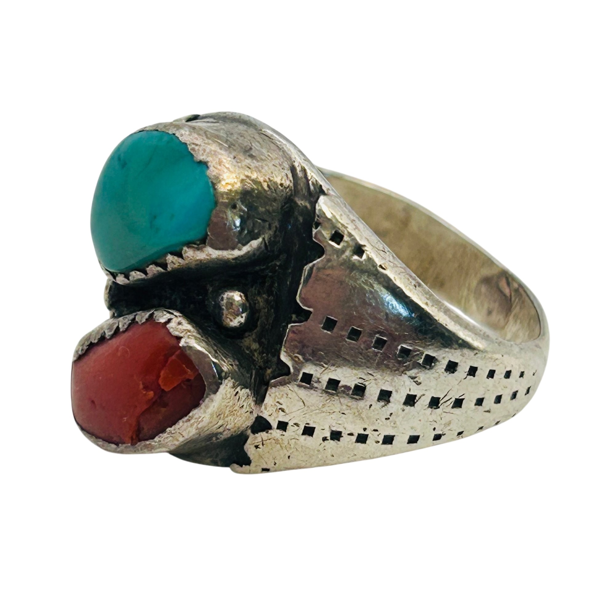 Signed Navajo Sterling Turquoise Coral Ring Sz 8