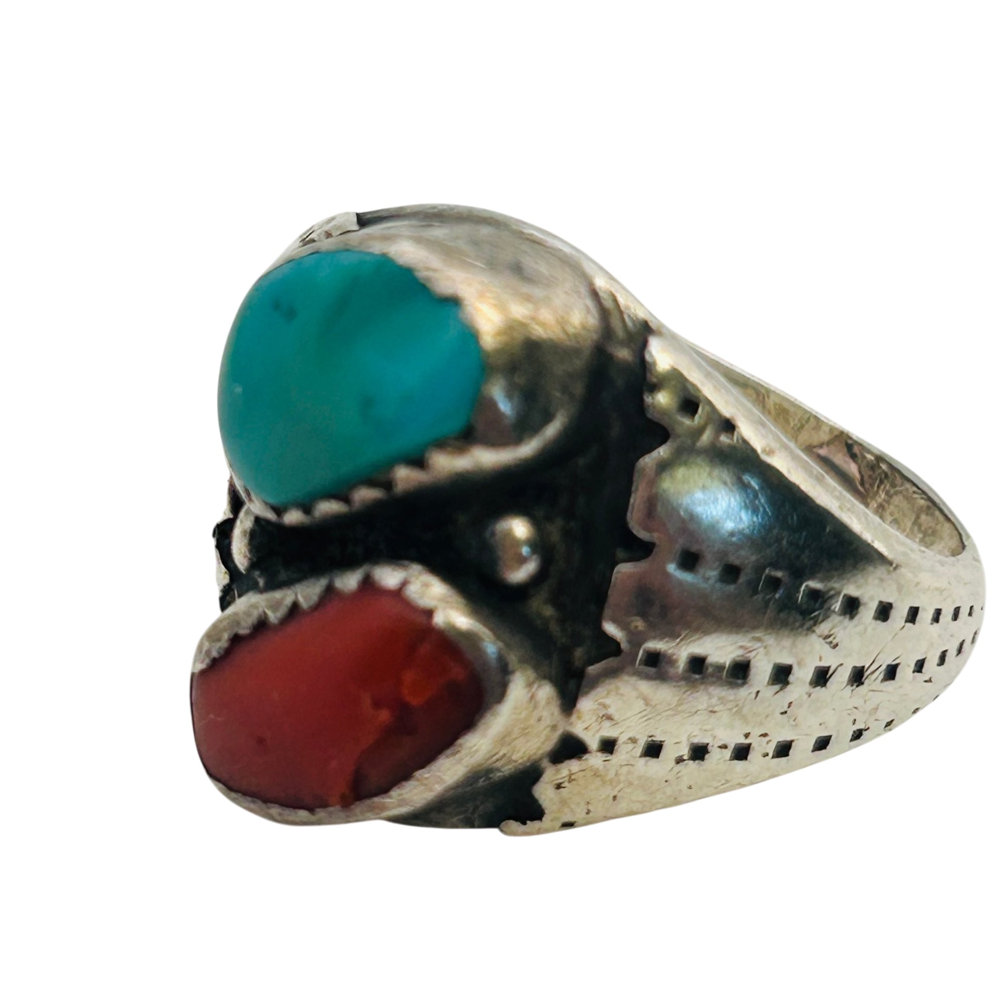 Signed Navajo Sterling Turquoise Coral Ring Sz 8