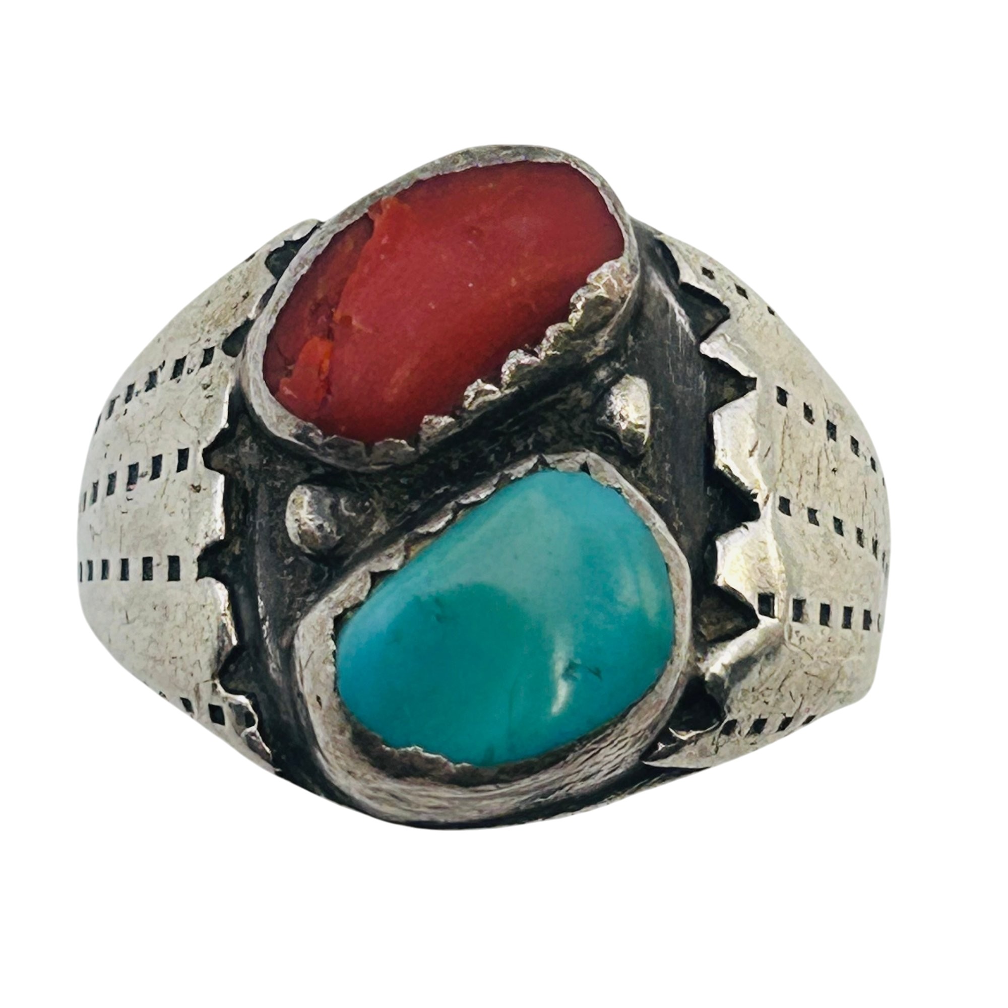 Signed Navajo Sterling Turquoise Coral Ring Sz 8
