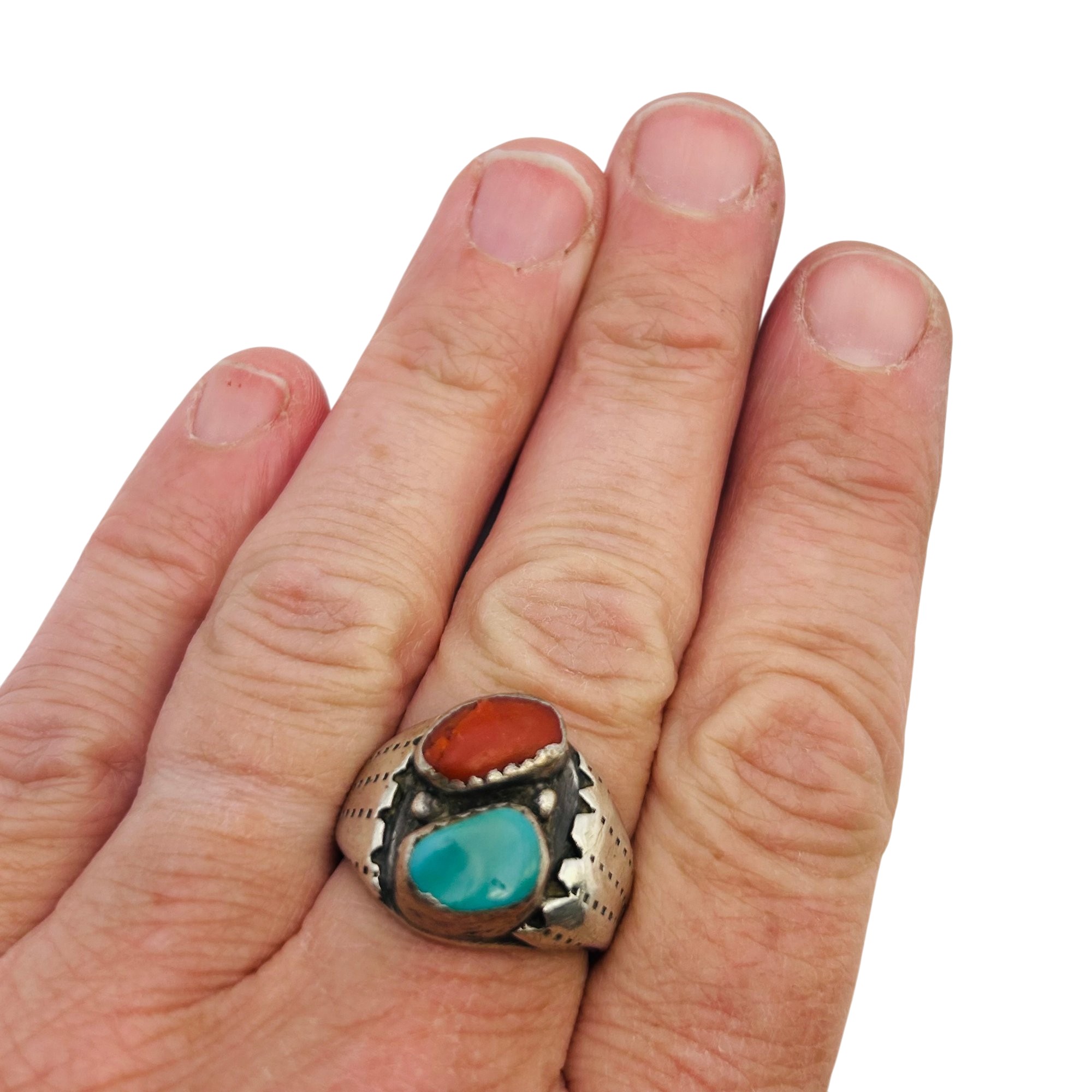 Signed Navajo Sterling Turquoise Coral Ring Sz 8