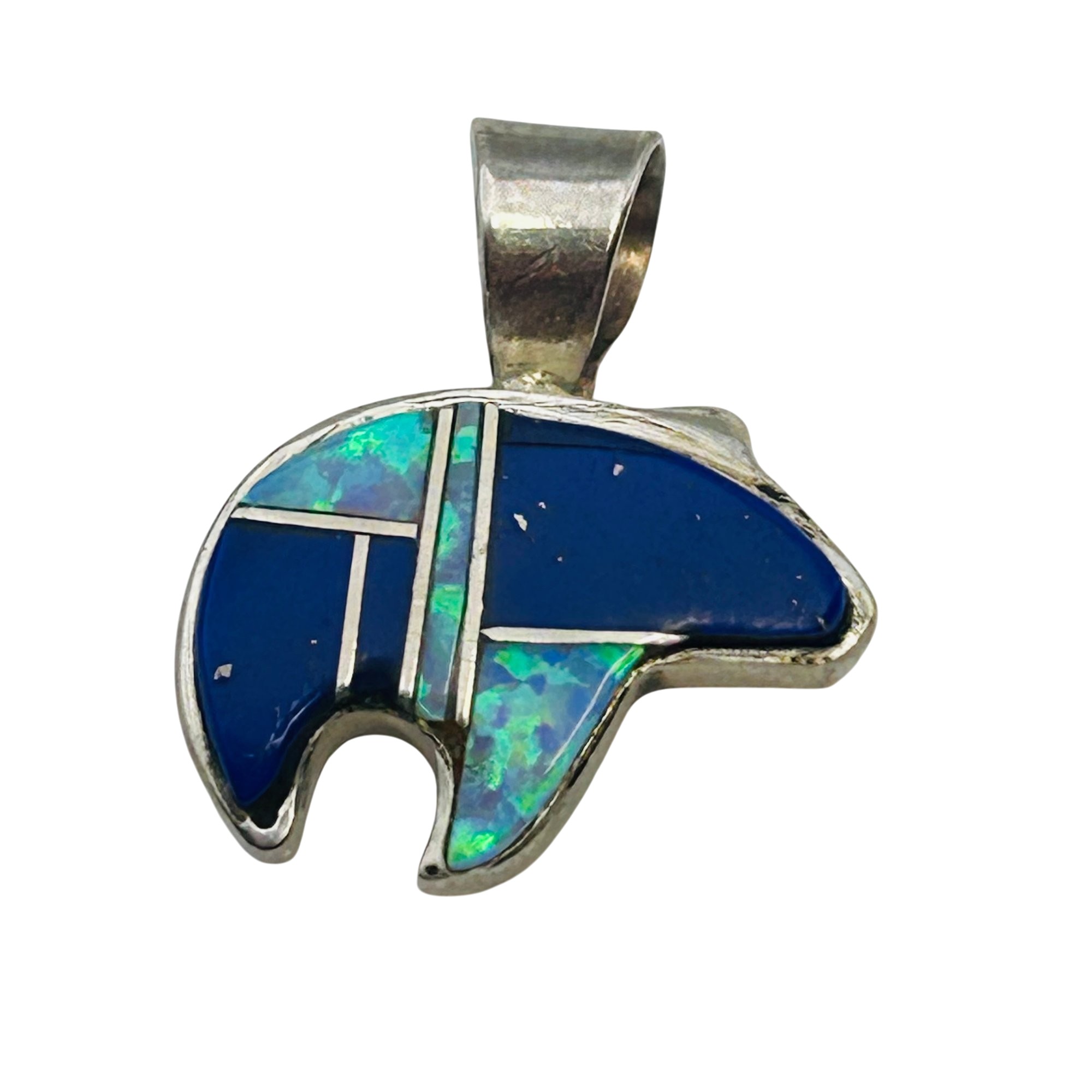 Southwest Sterling Muti-stone Inlay Bear Pendant