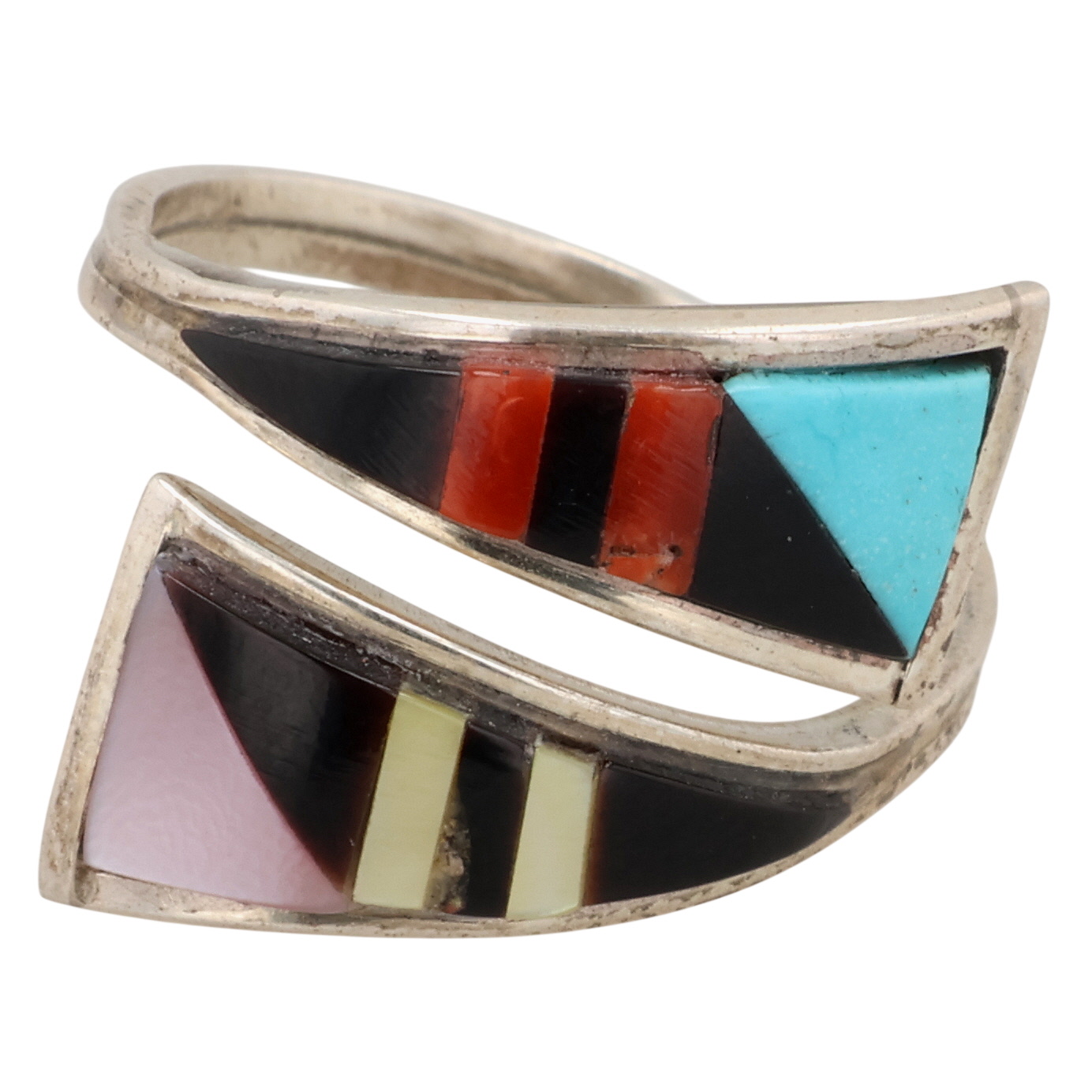Signed Zuni Sterling Multi-Stone Inlay Adjustable Ring