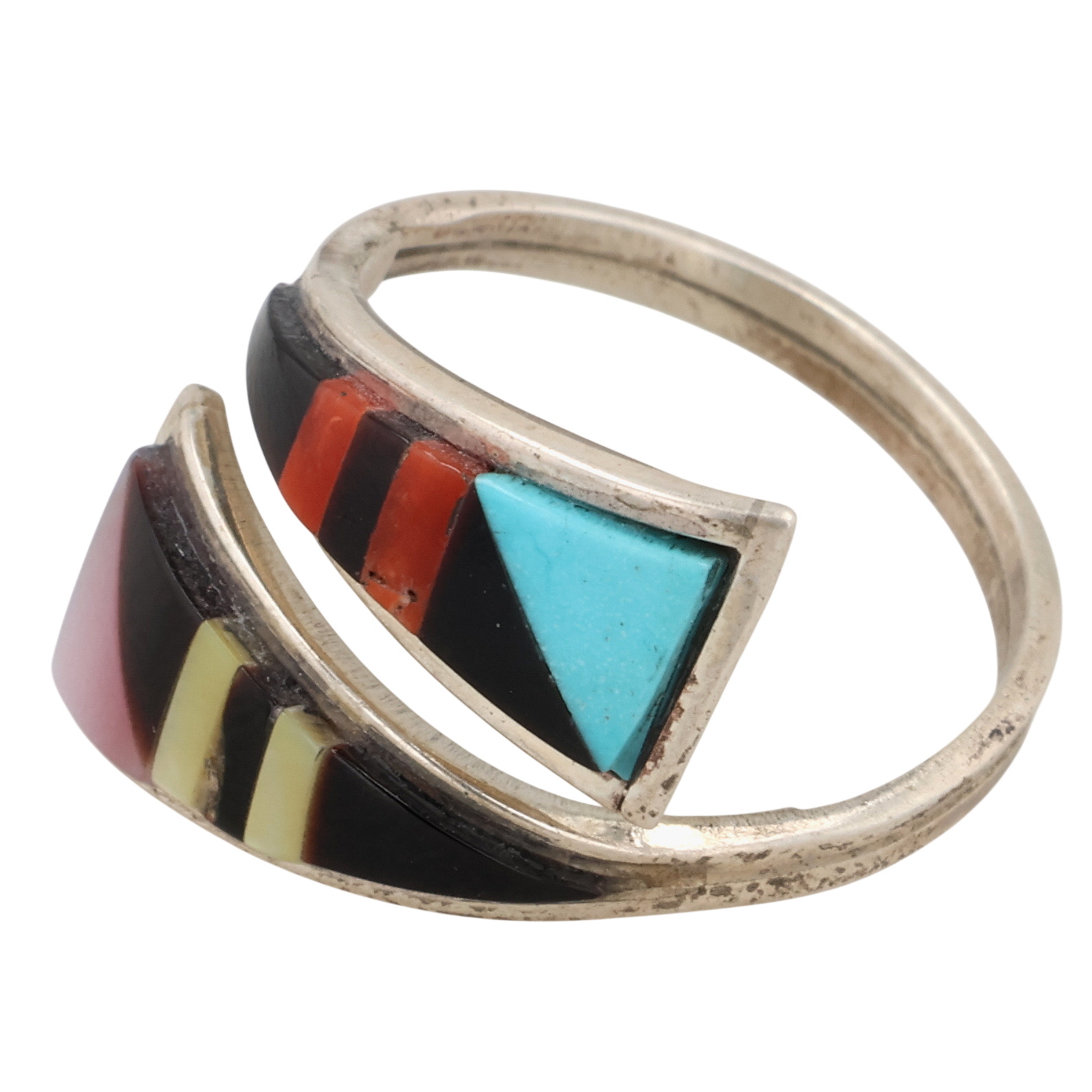 Signed Zuni Sterling Multi-Stone Inlay Adjustable Ring
