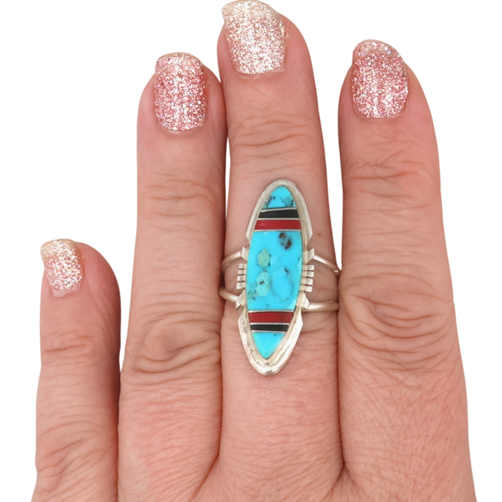 Brandon Etcity Navajo Sterling Multi-Stone Inlay Ring Sz 10