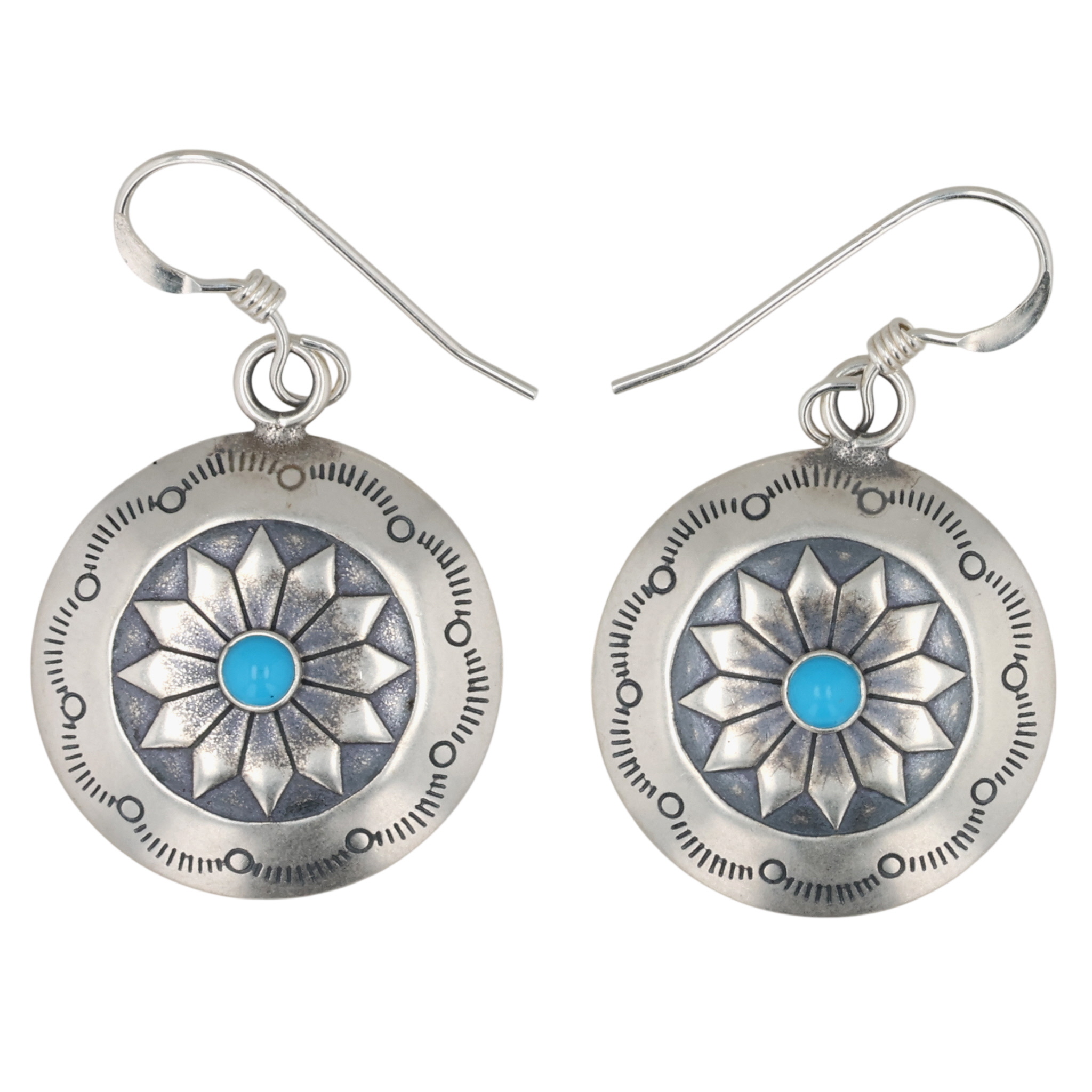Southwest Sterling Kingman Turquoise Stamped Disc Earrings