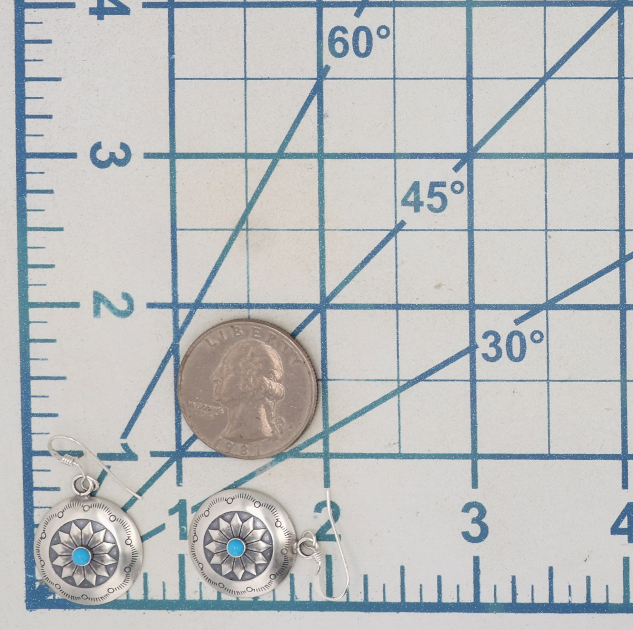 Southwest Sterling Kingman Turquoise Stamped Disc Earrings