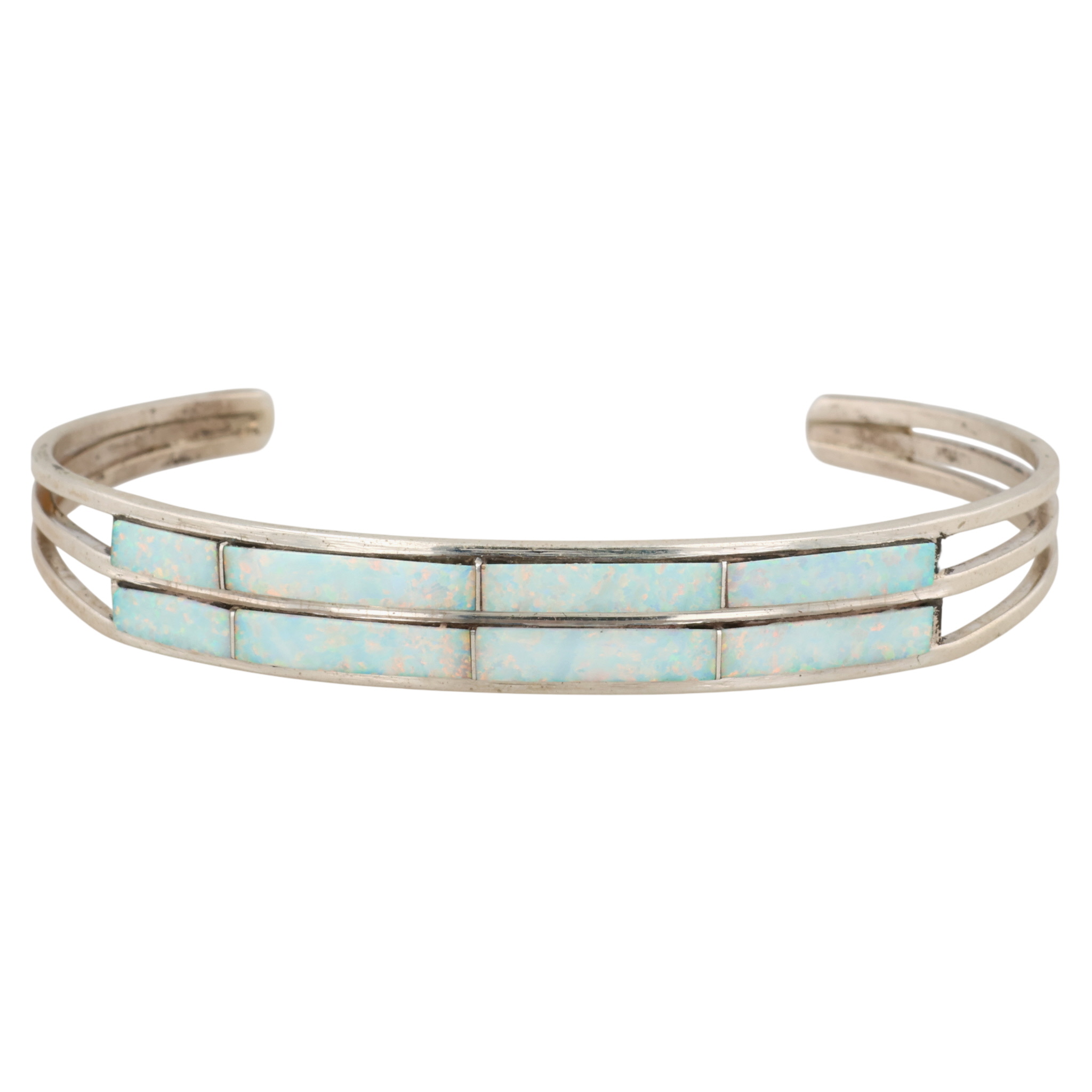 Jamie Johnson Navajo Sterling Opal Inlay Row Cuff Bracelet