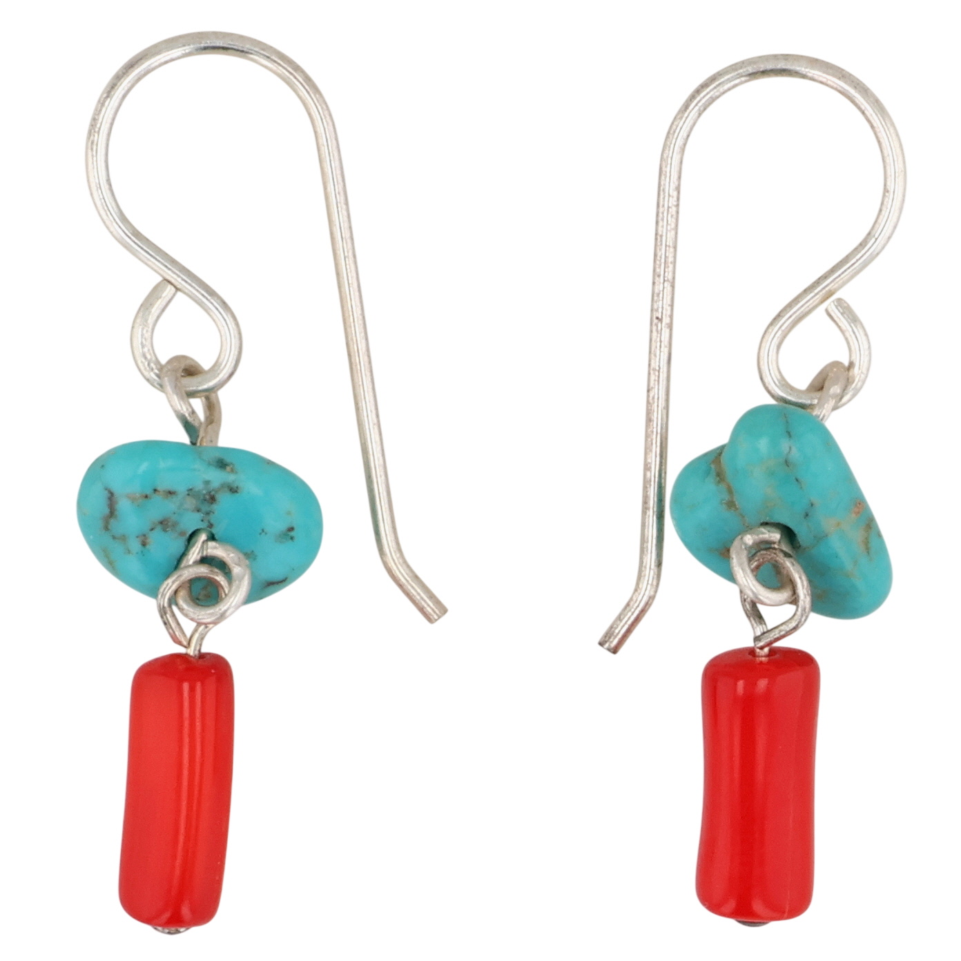 Southwest Sterling Coral Turquoise Dangle Earrings