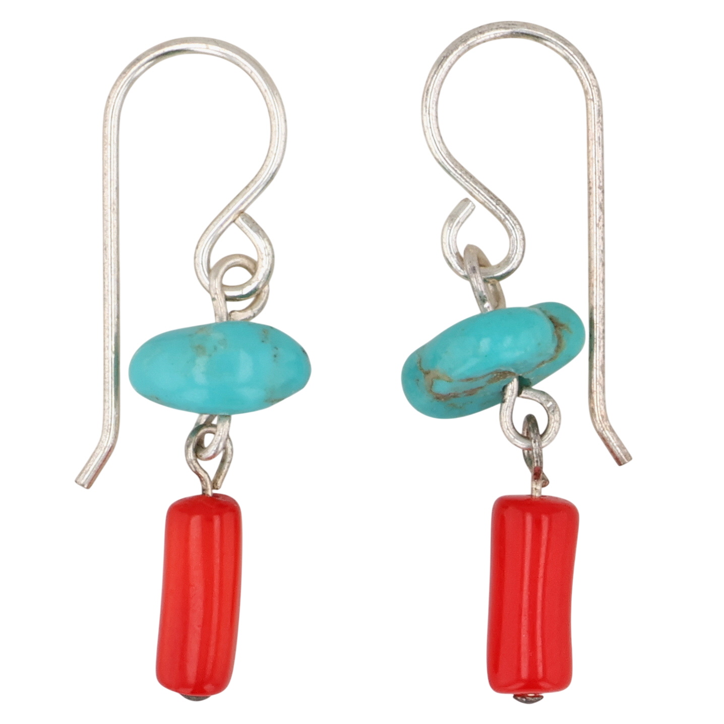 Southwest Sterling Coral Turquoise Dangle Earrings