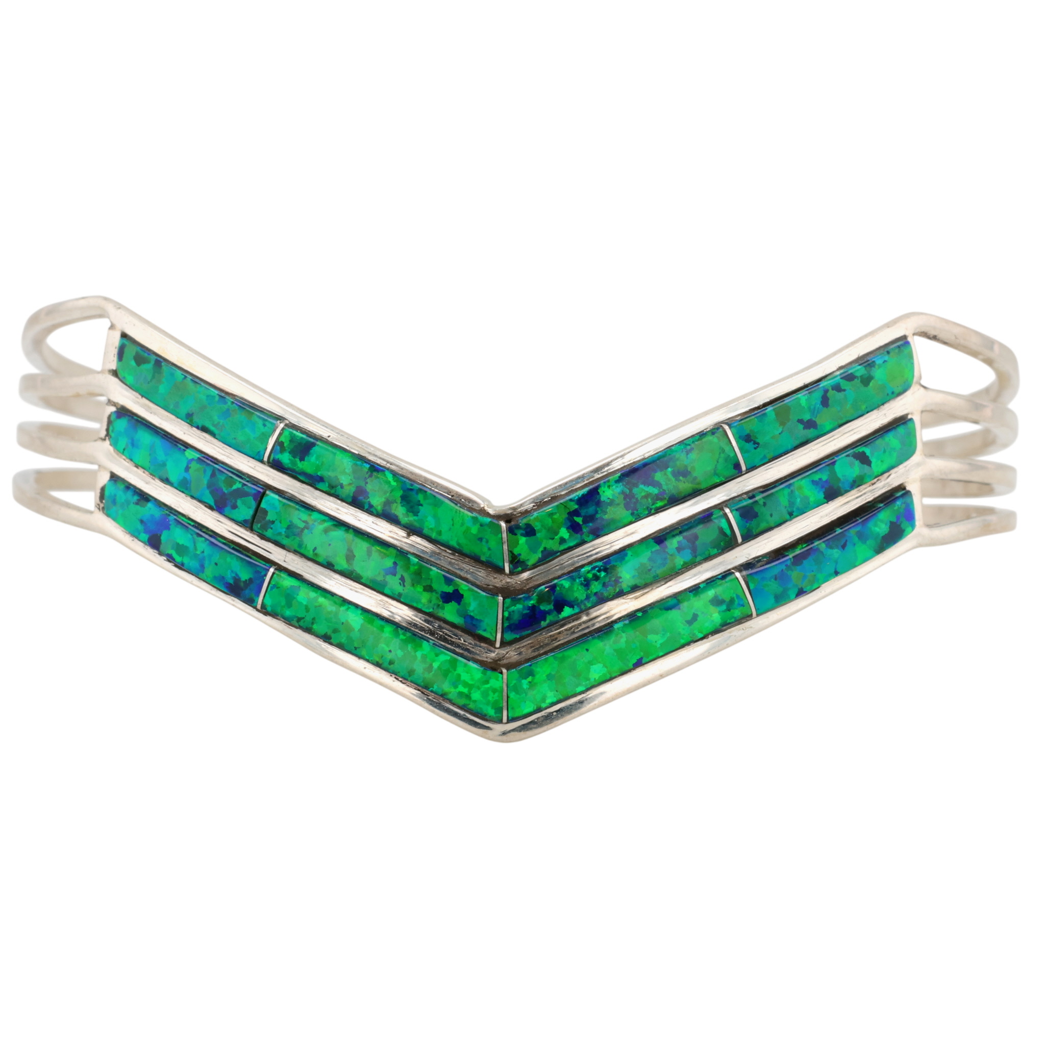 Jamie Johnson Navajo Sterling Opal Inlay Row Cuff Bracelet