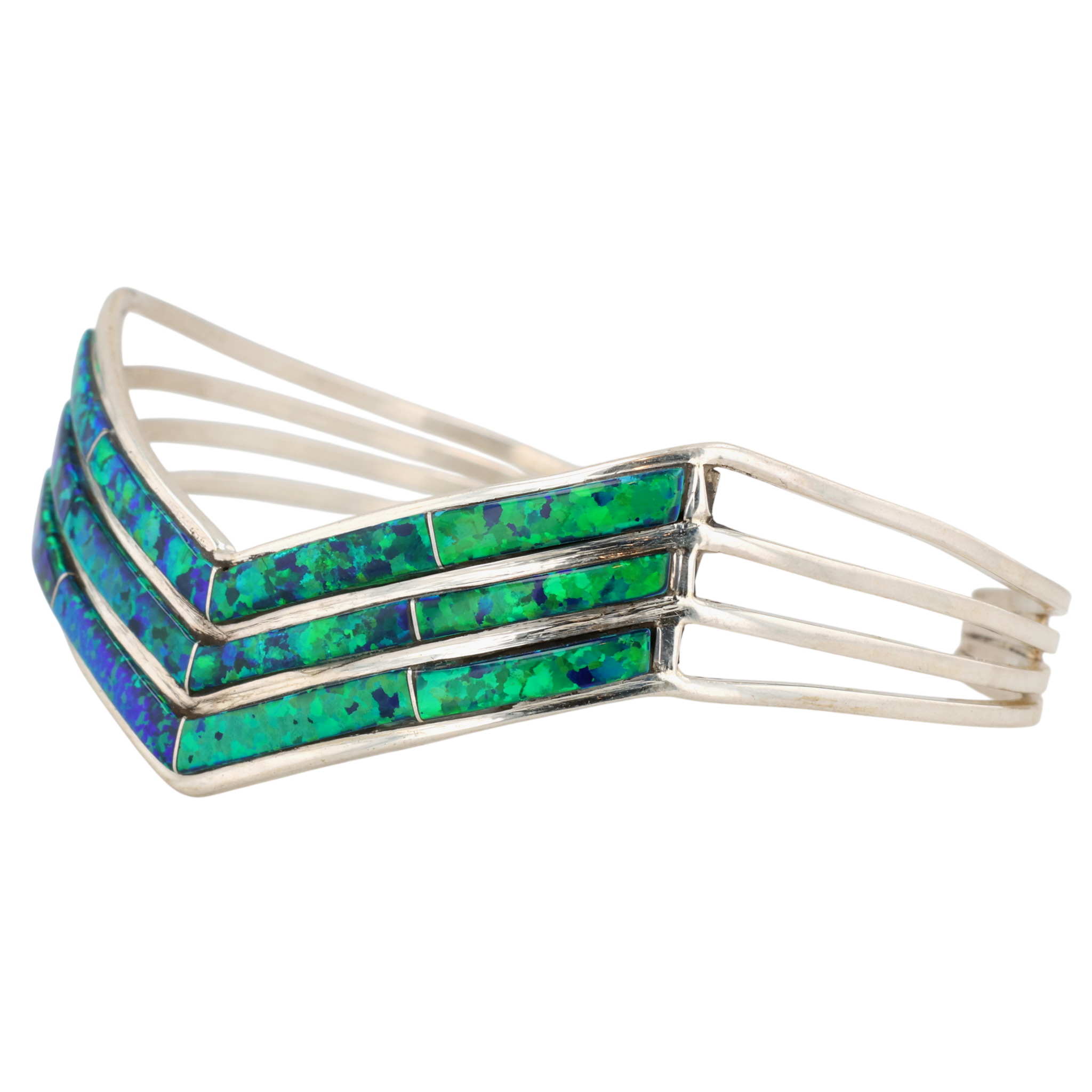 Jamie Johnson Navajo Sterling Opal Inlay Row Cuff Bracelet