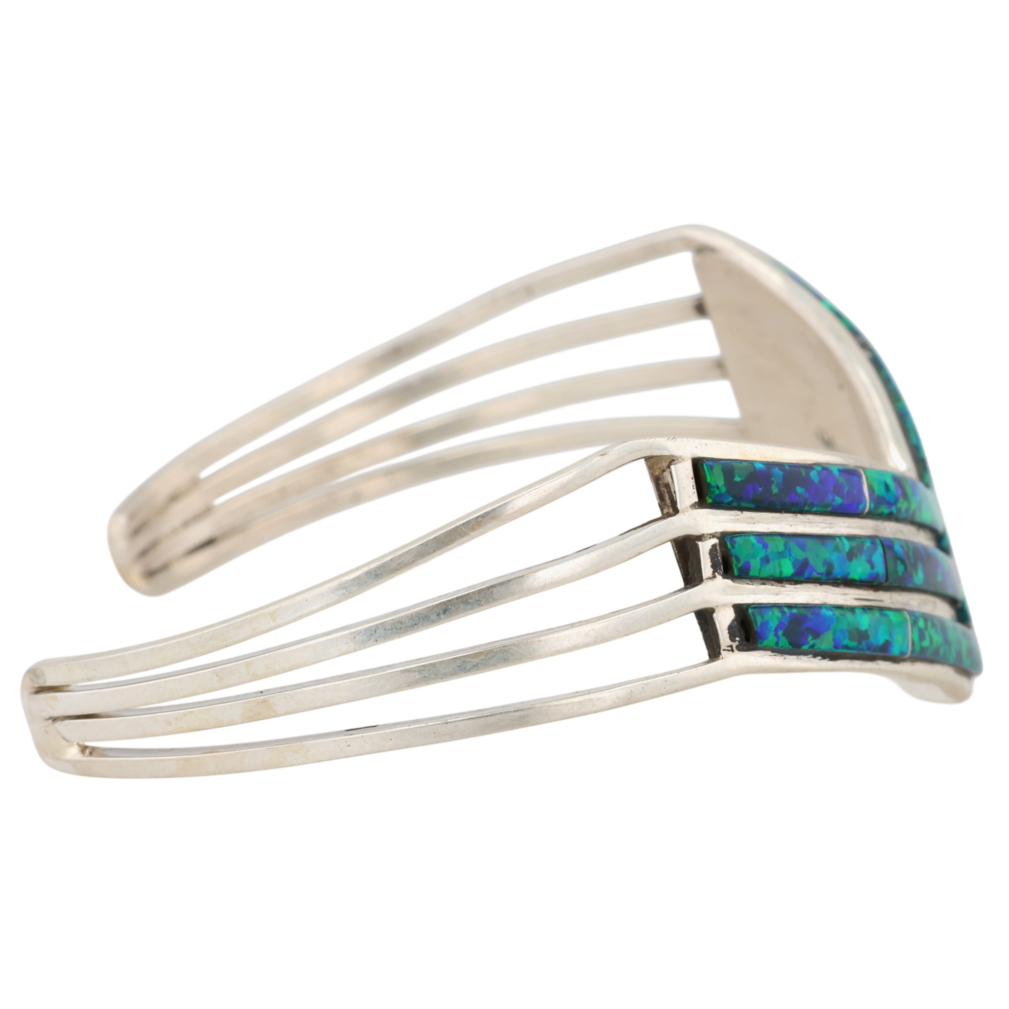 Jamie Johnson Navajo Sterling Opal Inlay Row Cuff Bracelet