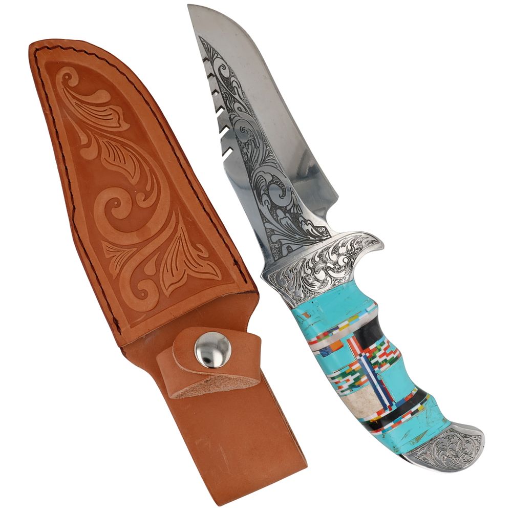Lot 300: Southwest Multi-Stone Engraved Knife & Leather Sheath