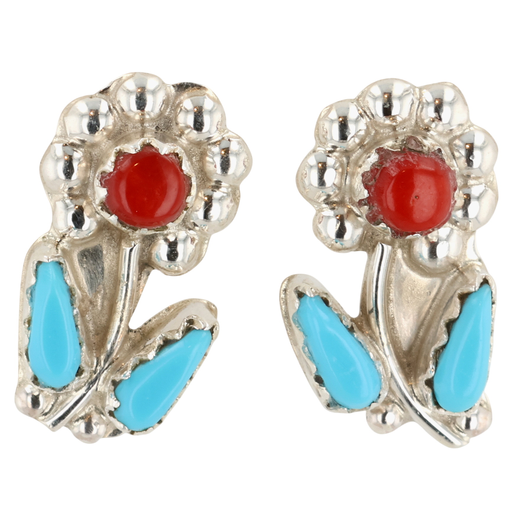 Erva Quam Zuni Sterling Turquoise Coral Flower Earrings