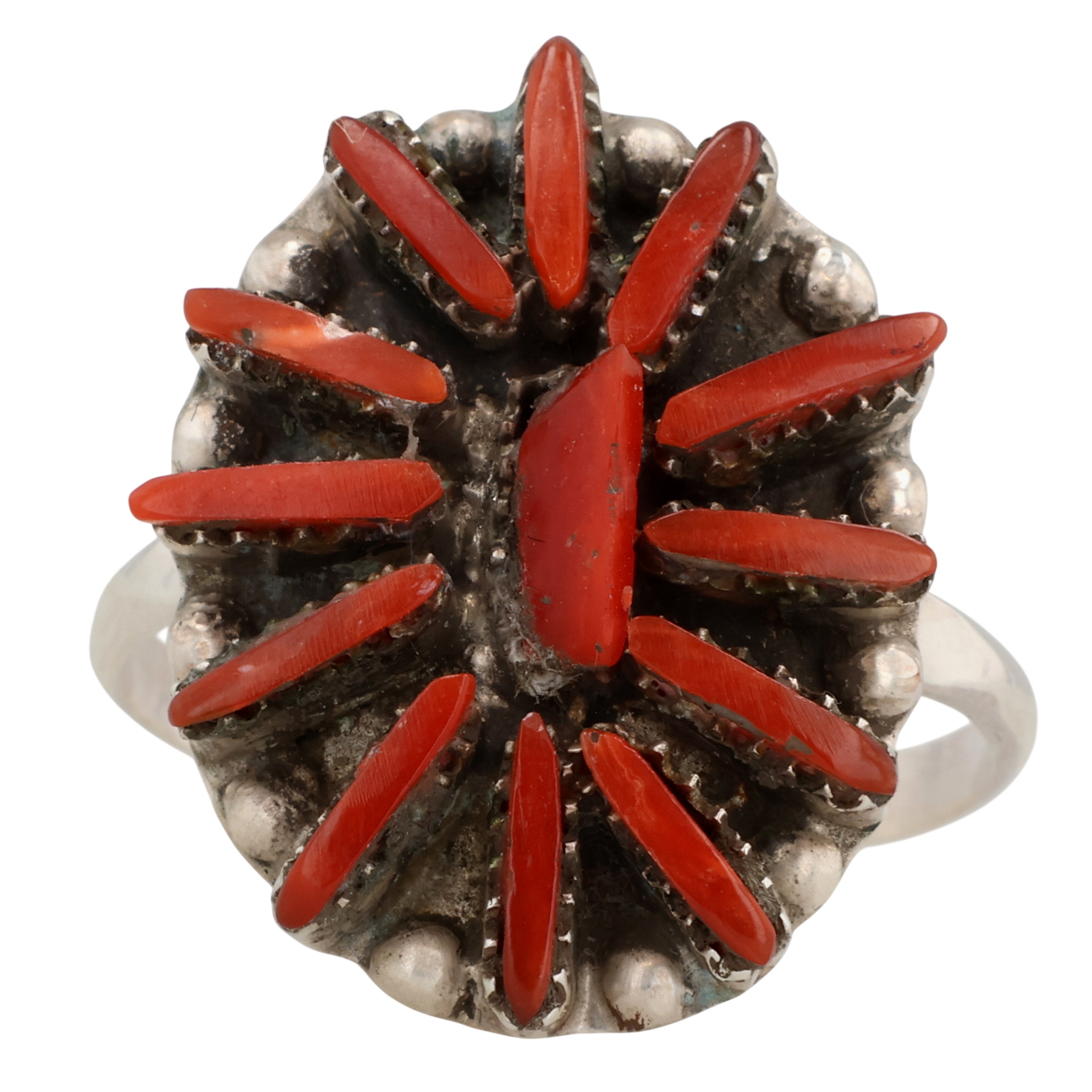 George Peina Zuni Sterling Coral Needlepoint Ring Sz 8