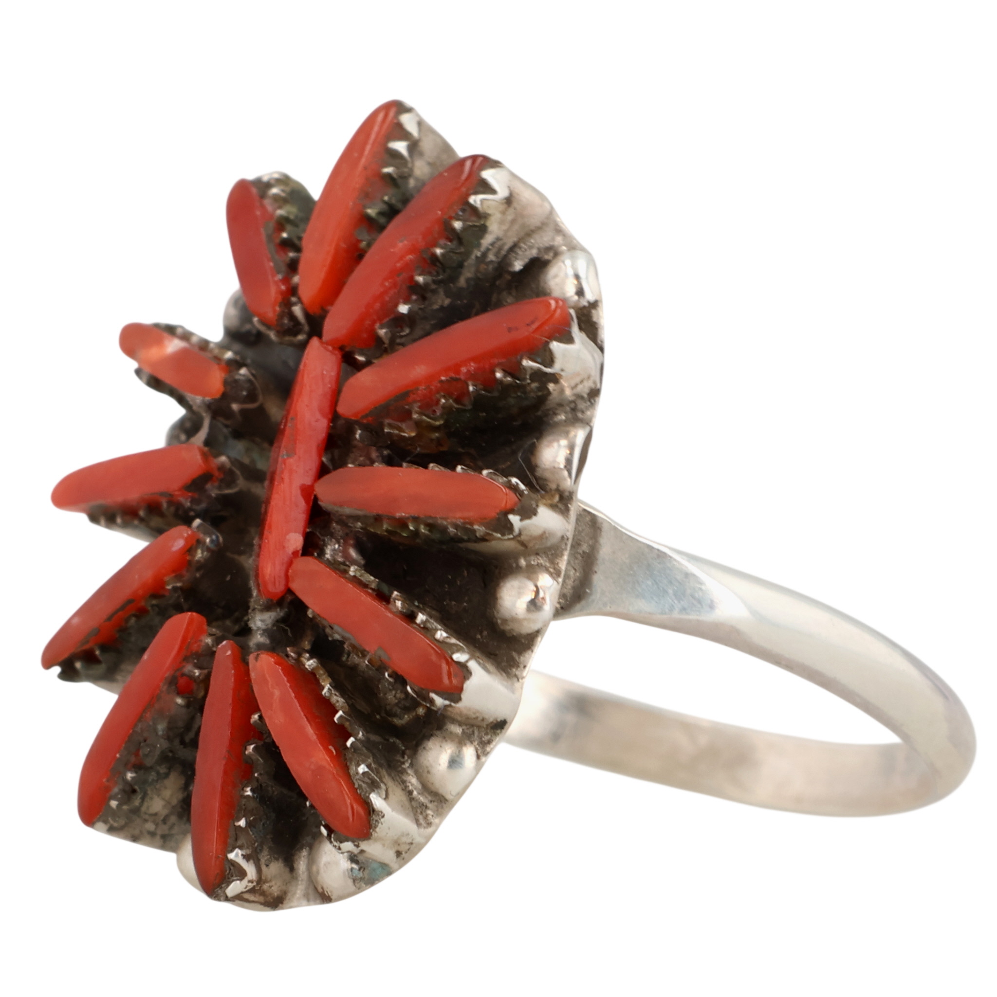 George Peina Zuni Sterling Coral Needlepoint Ring Sz 8