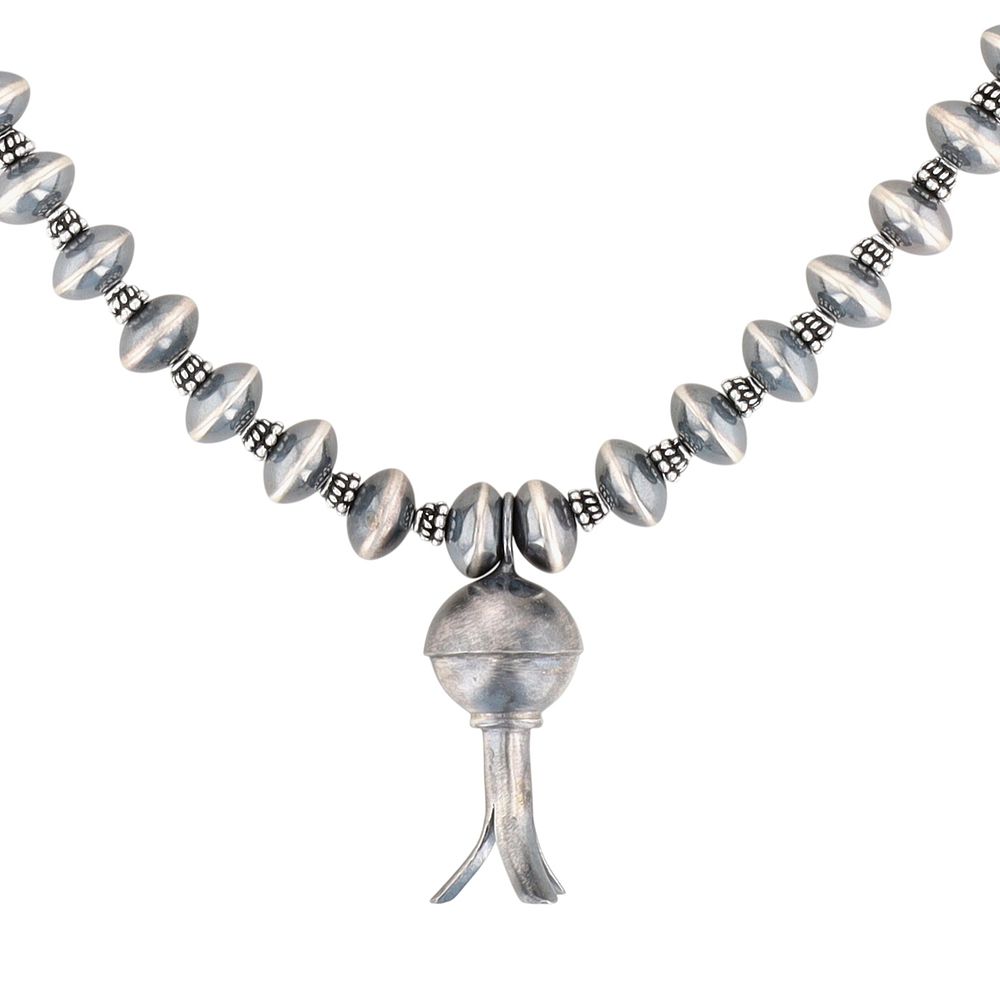 Lot 365: Southwest Sterling Oxidized Bead Squash Blossom Necklace
