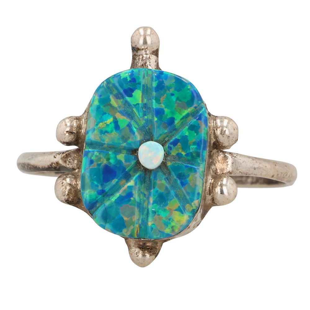 Lot 388: Sarah Bowannie Zuni Sterling Opal Turtle Ring Sz 7.25