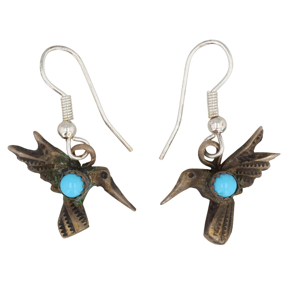 Lot 393: Tonya Yazzie Navajo Sterling Kingman Turquoise Hummingbird Earrings