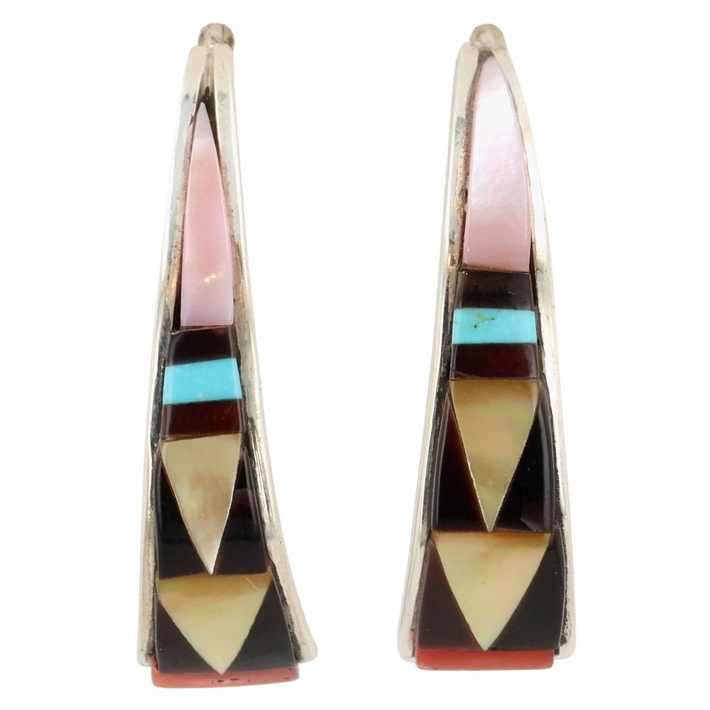 Lot 425: Tammie Qualo Zuni Sterling Multi-Stone Inlay Earrings