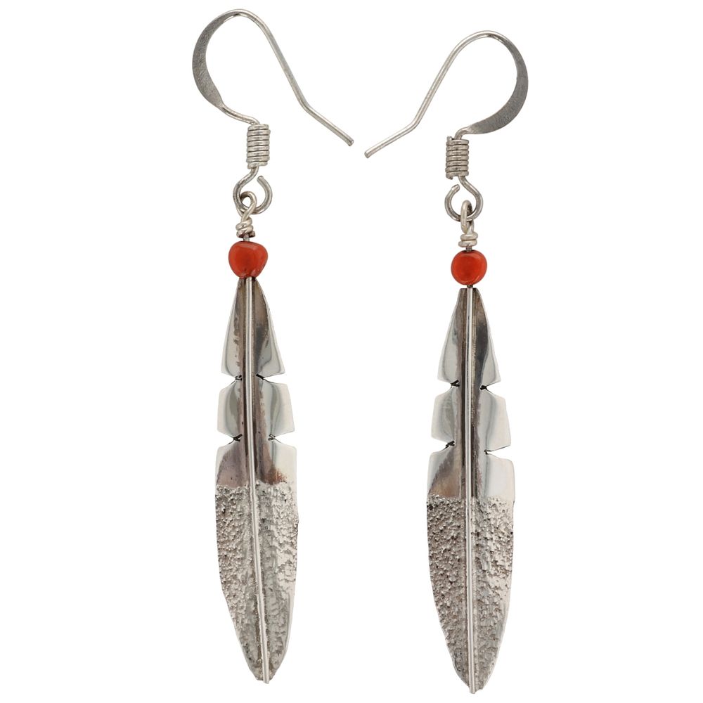 Lot 506: Linda Yazzie Navajo Sterling Coral Feather Earrings