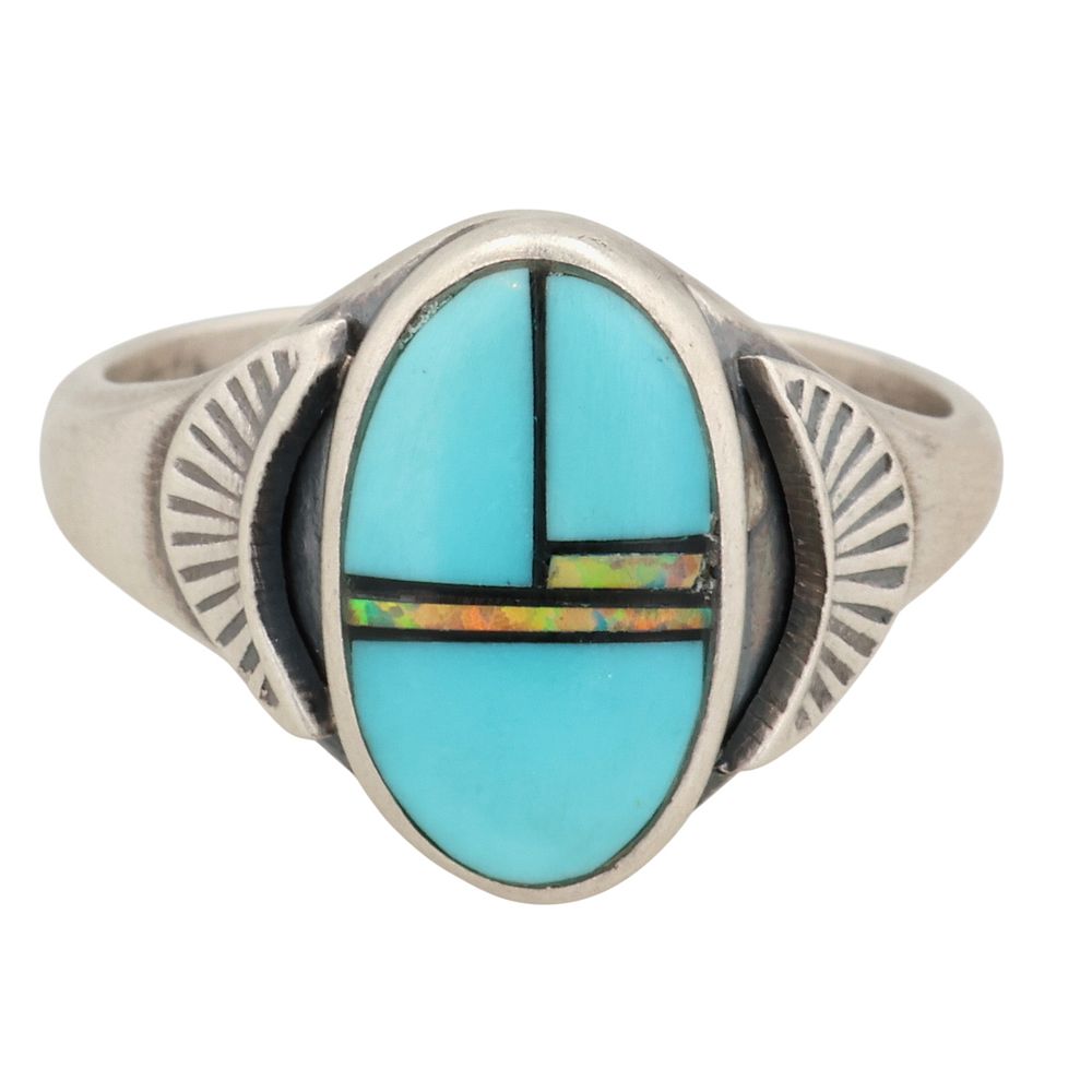 Lot 523: Southwest Sterling Multi-Stone Inlay Ring Sz 8.5