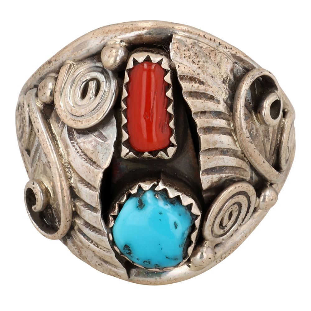 Lot 540: Lorena Brown Navajo Sterling Coral Turquoise Ring Sz 11