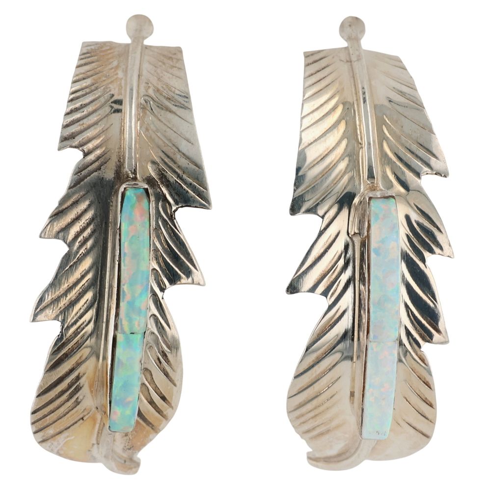 Lot 556: Allen Barney Navajo Sterling Opal Feather Earrings