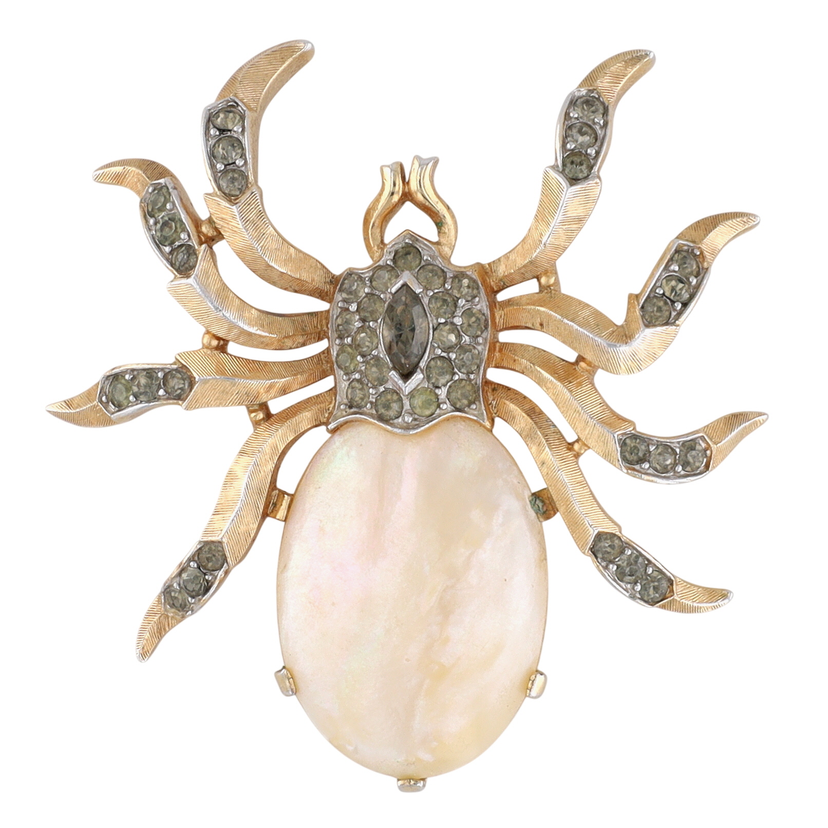 Trifari Gold Tone Mother Of Pearl Rhinestone Spider Brooch